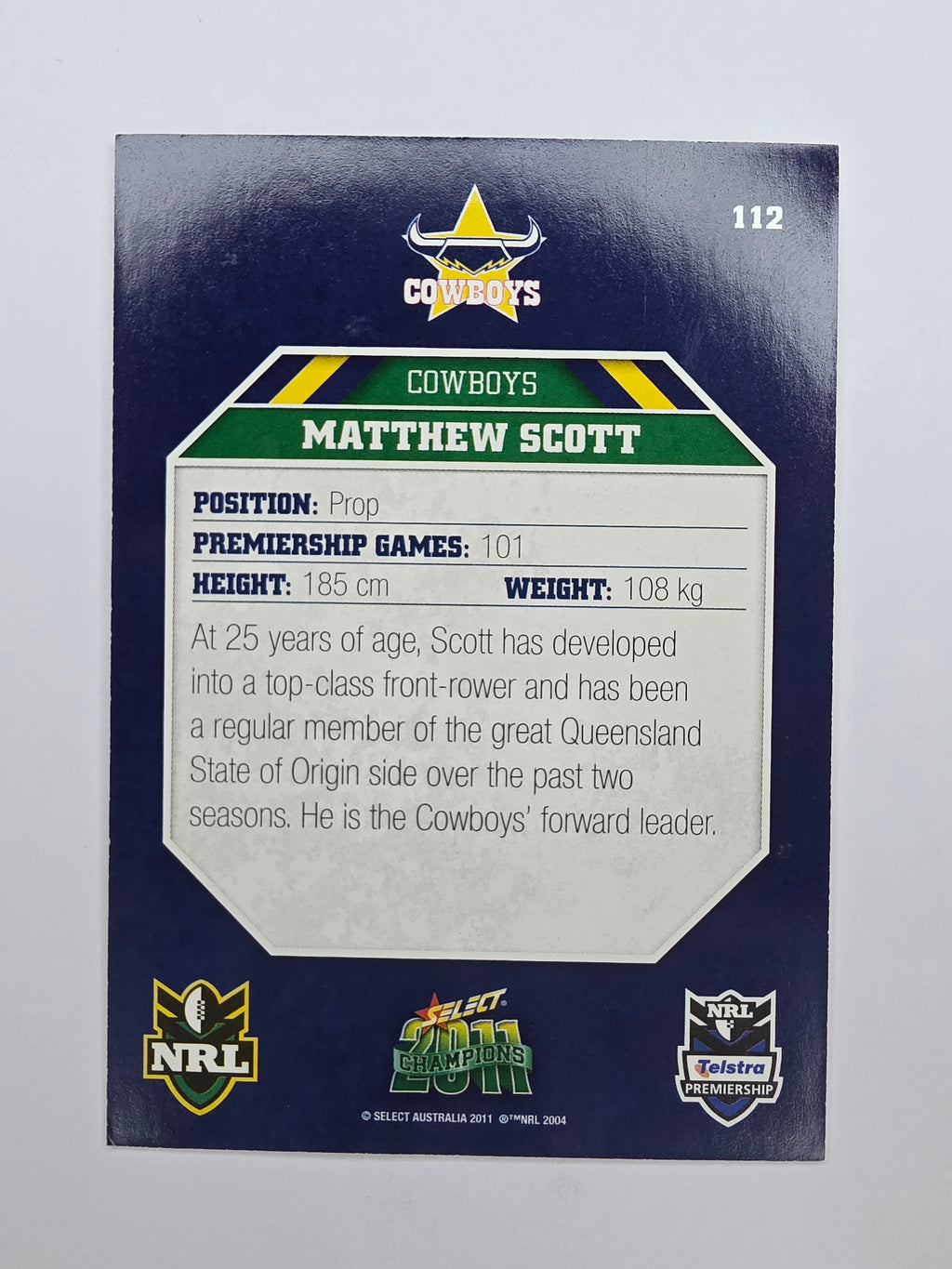 NRL 2011 Champions Base Card #112 Matthew Scott North Queensland Cowboys