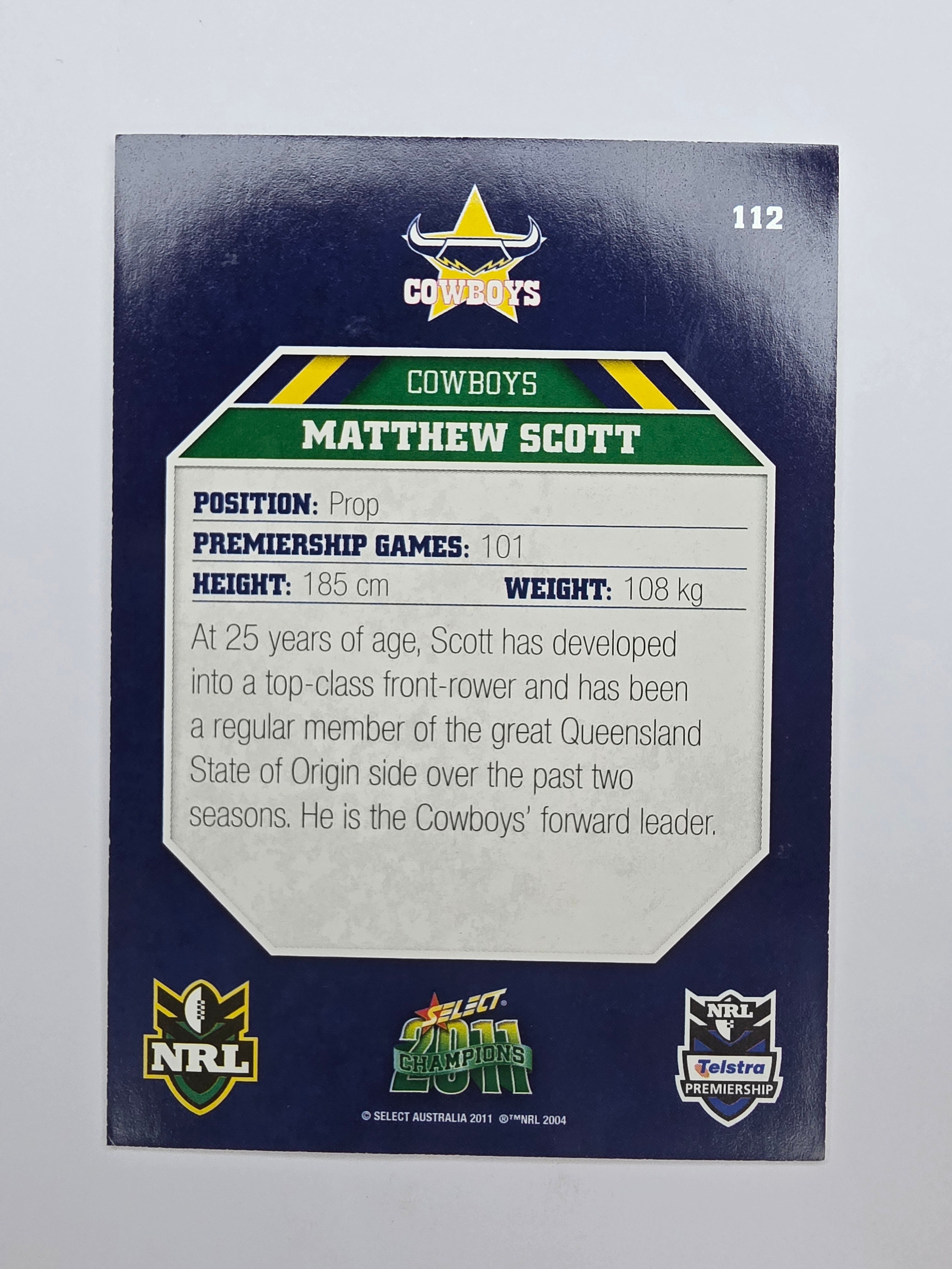 NRL 2011 Champions Base Card #112 Matthew Scott North Queensland Cowboys