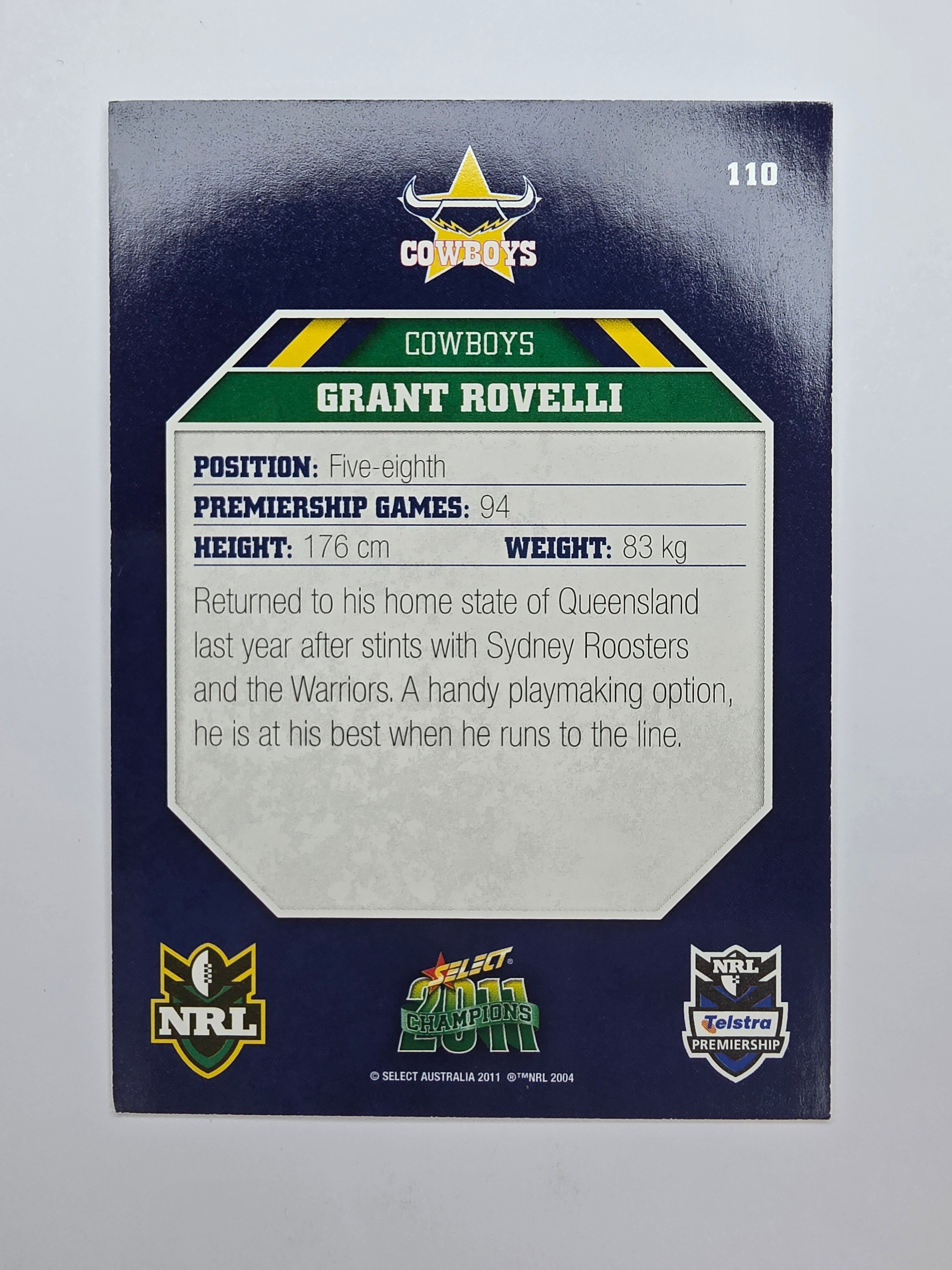 NRL 2011 Champions Base Card #110 Grant Rovelli North Queensland Cowboys