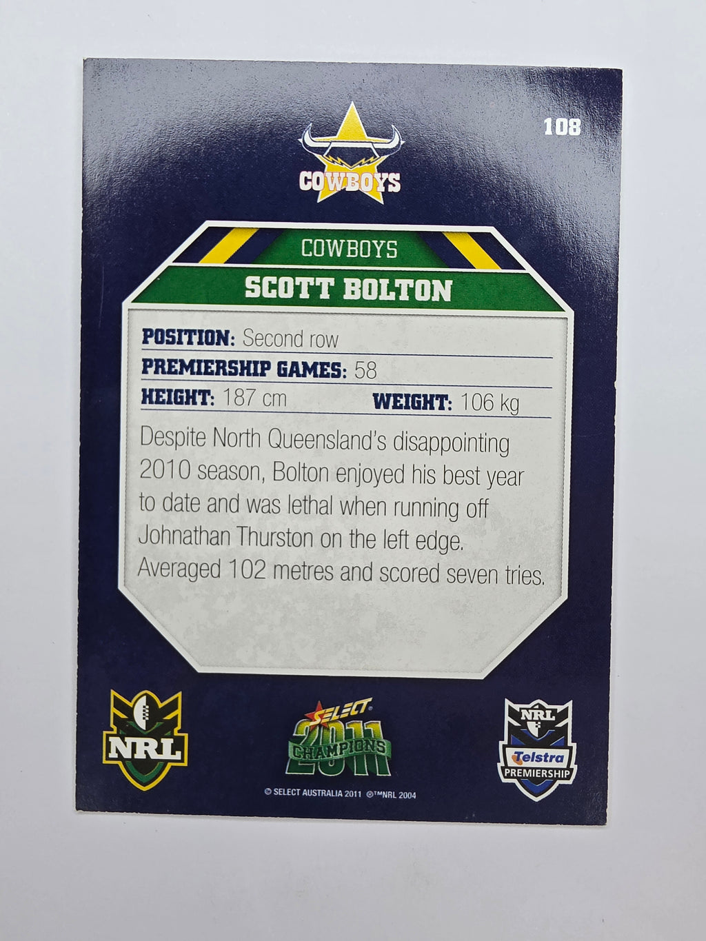 NRL 2011 Champions Base Card #108 Scott Bolton North Queensland Cowboys