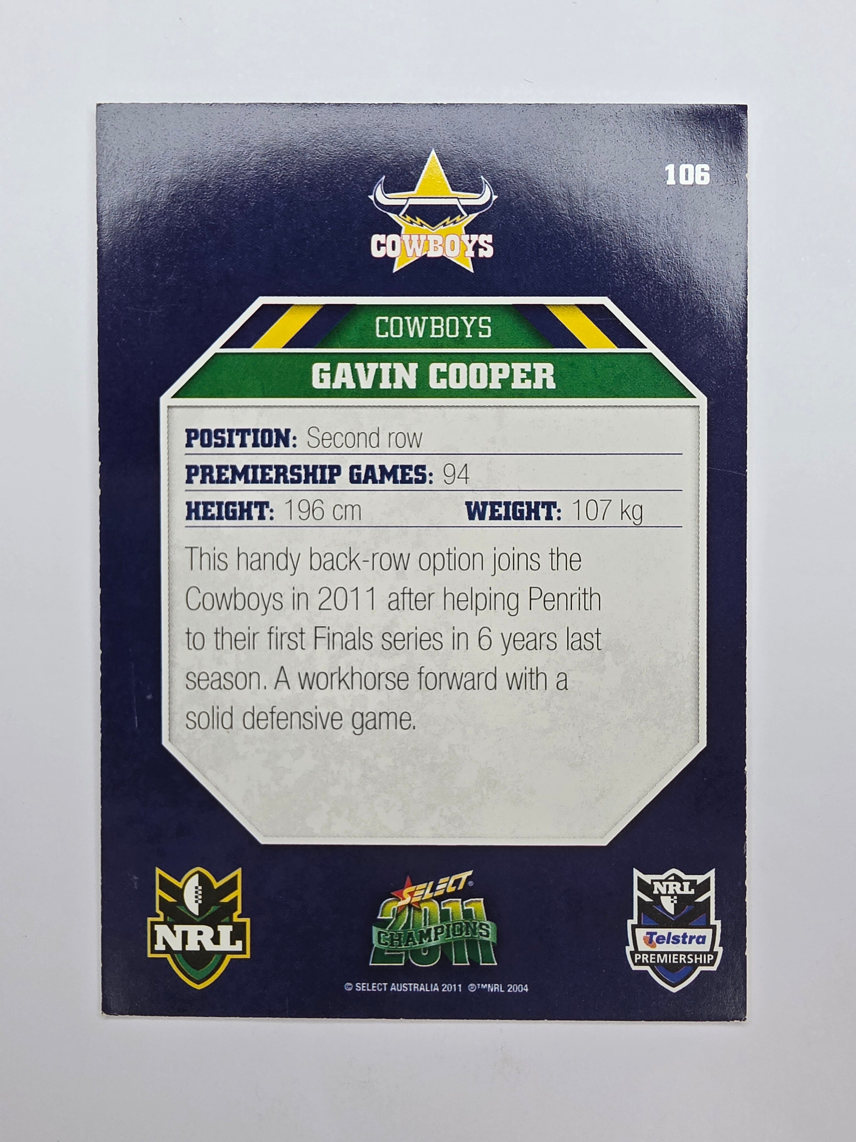 NRL 2011 Champions Base Card #106 Gavin Cooper North Queensland Cowboys