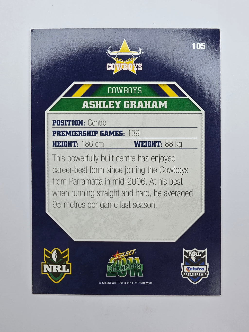 NRL 2011 Champions Base Card #105 Ashley Graham North Queensland Cowboys