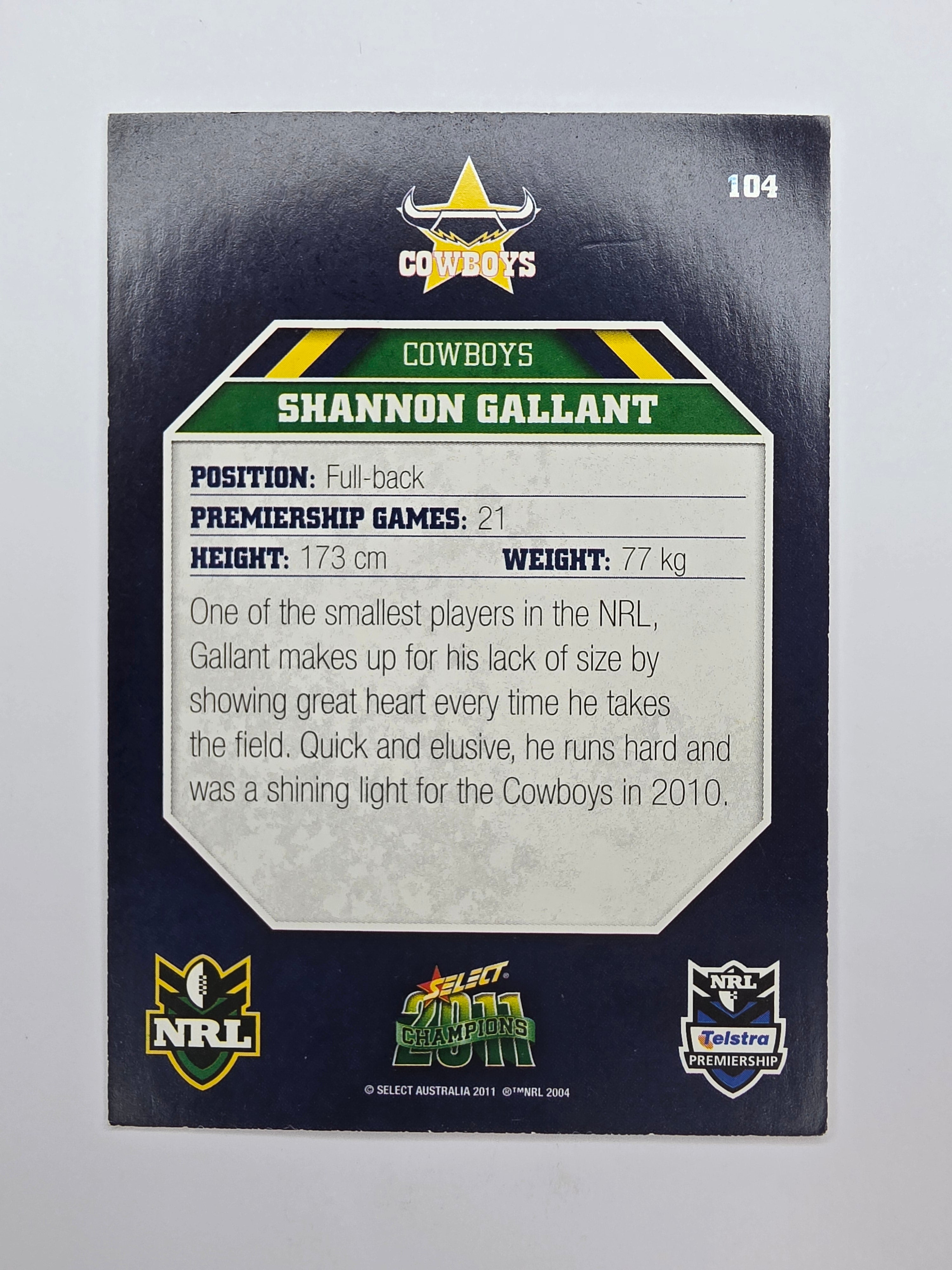 NRL 2011 Champions Base Card #104 Shannon Gallant North Queensland Cowboys