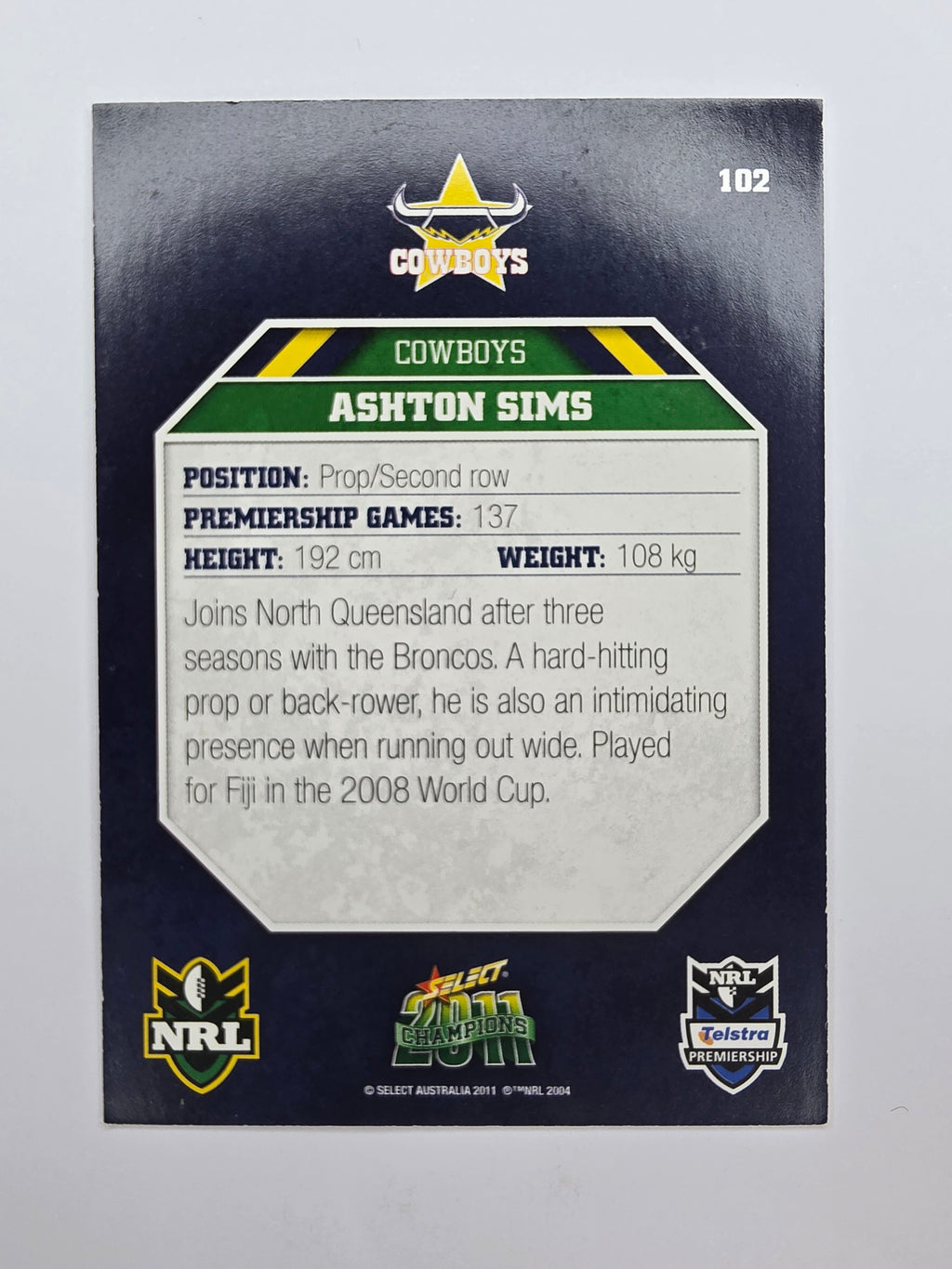 NRL 2011 Champions Base Card #102 Ashton Sims North Queensland Cowboys