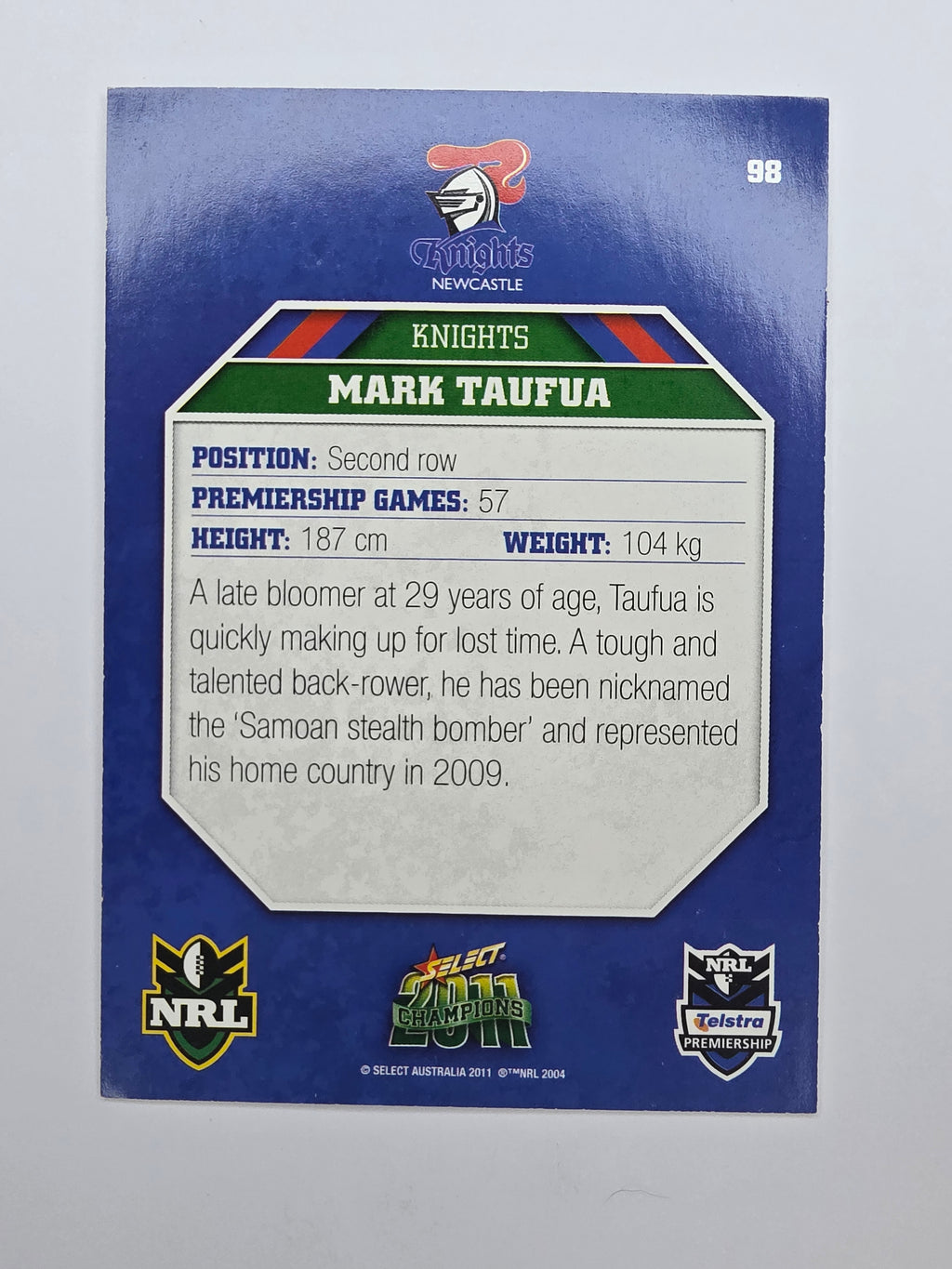 NRL 2011 Champions Base Card #98 Mark Taufua Newcastle Knights