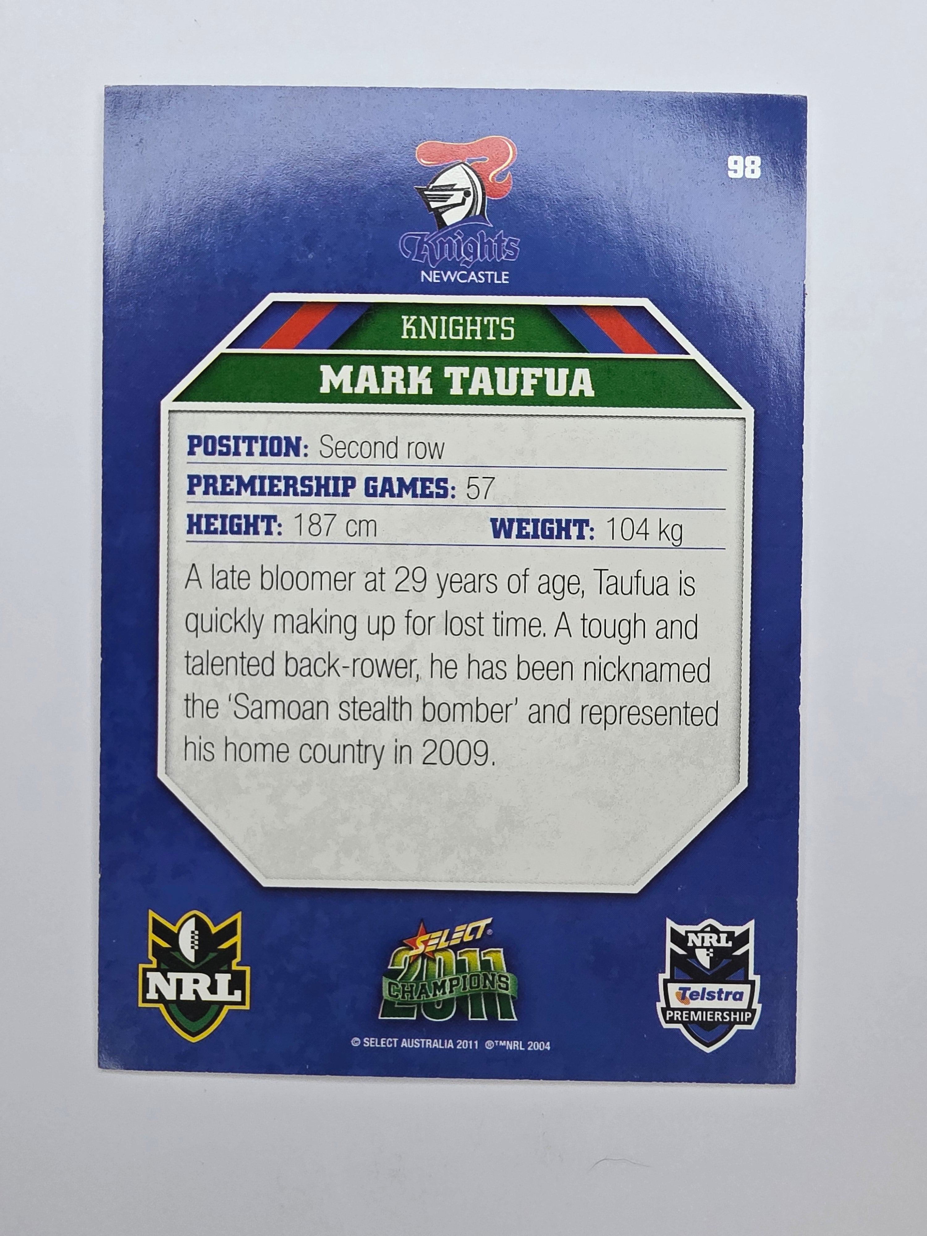 NRL 2011 Champions Base Card #98 Mark Taufua Newcastle Knights