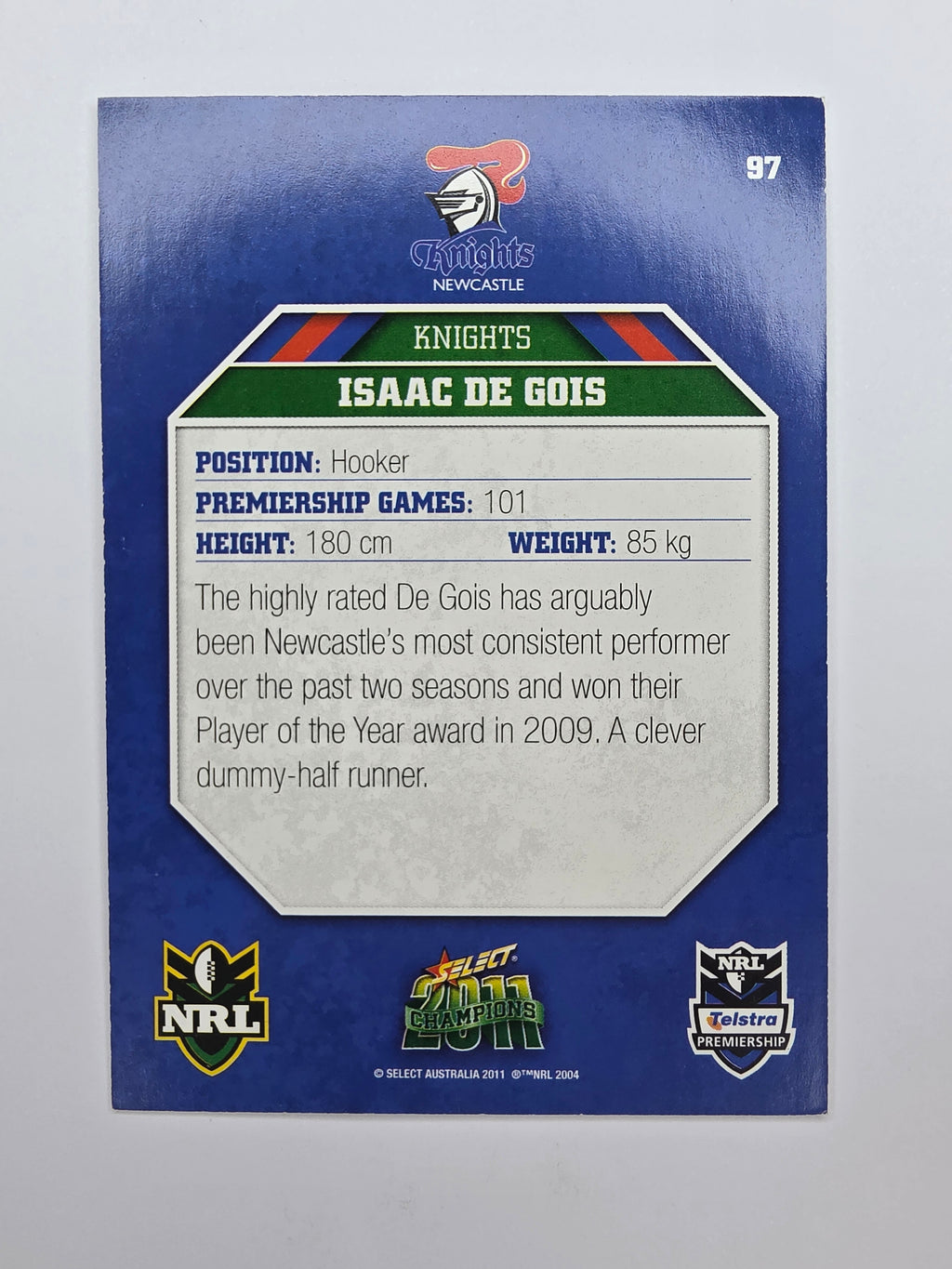 NRL 2011 Champions Base Card #97 Isaac De Gois Newcastle Knights