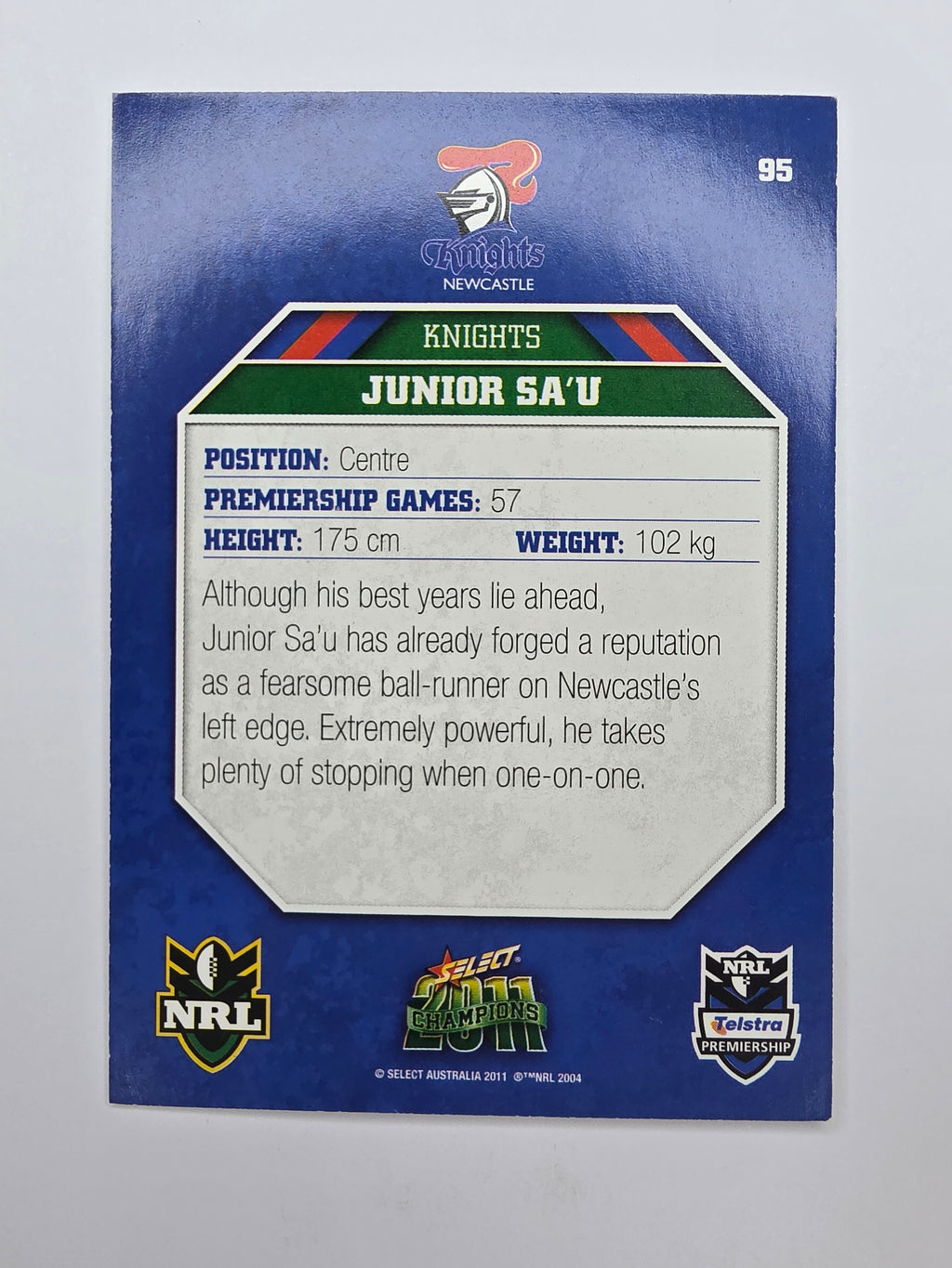 NRL 2011 Champions Base Card #95 Junior Sa’u Newcastle Knights