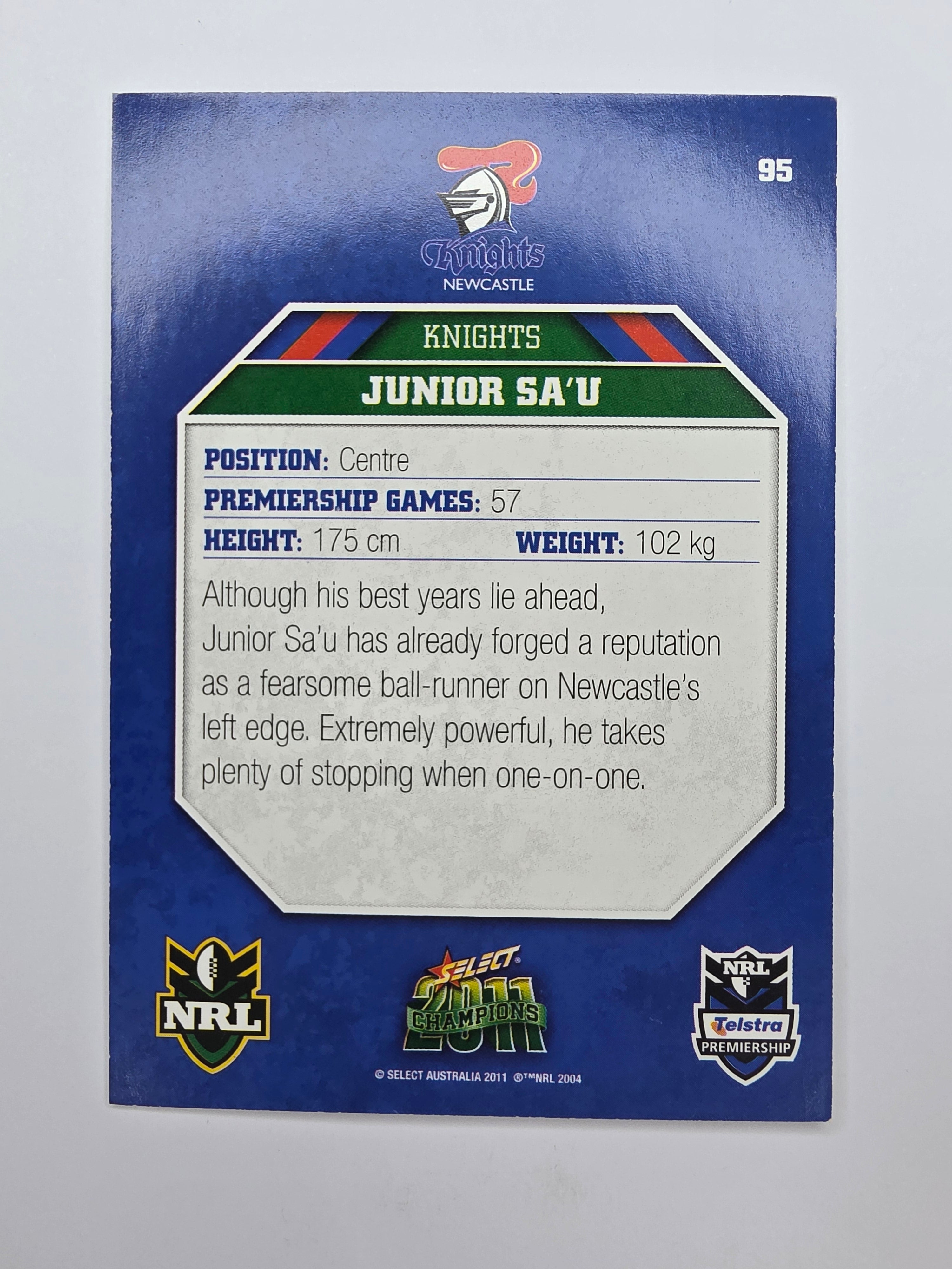 NRL 2011 Champions Base Card #95 Junior Sa’u Newcastle Knights