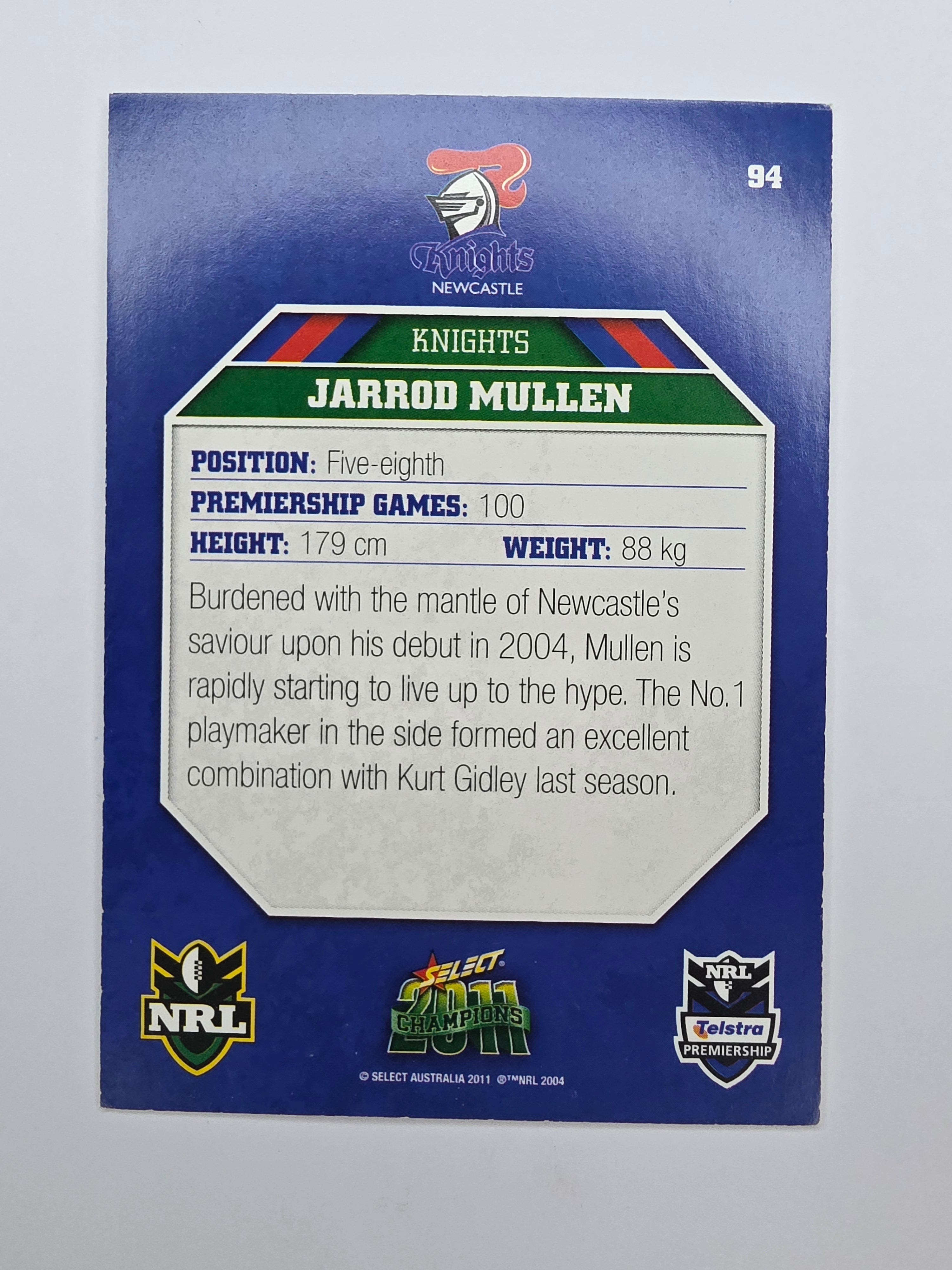 NRL 2011 Champions Base Card #94 Jarrod Mullen Newcastle Knights
