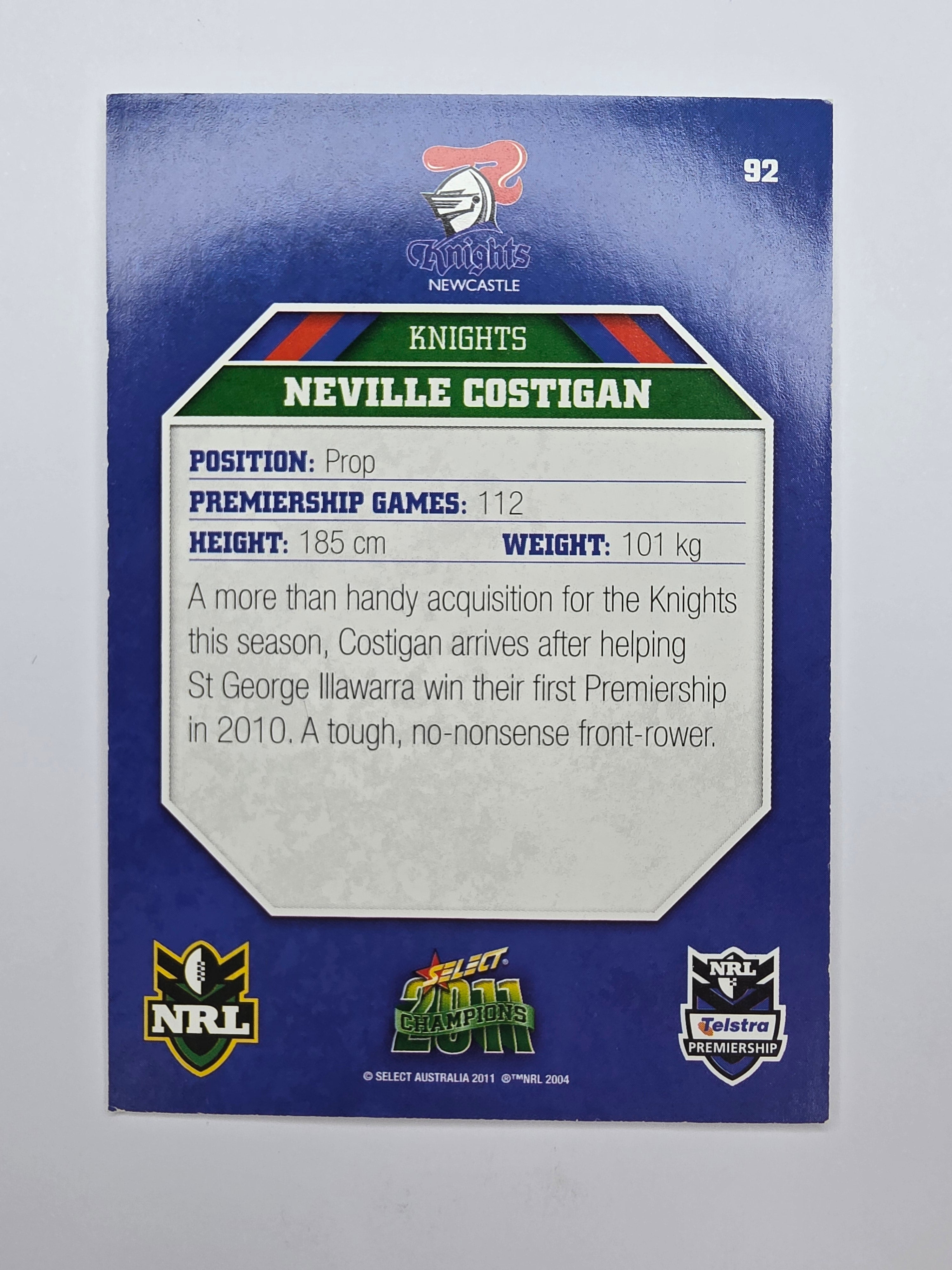 NRL 2011 Champions Base Card #92 Neville Costigan Newcastle Knights