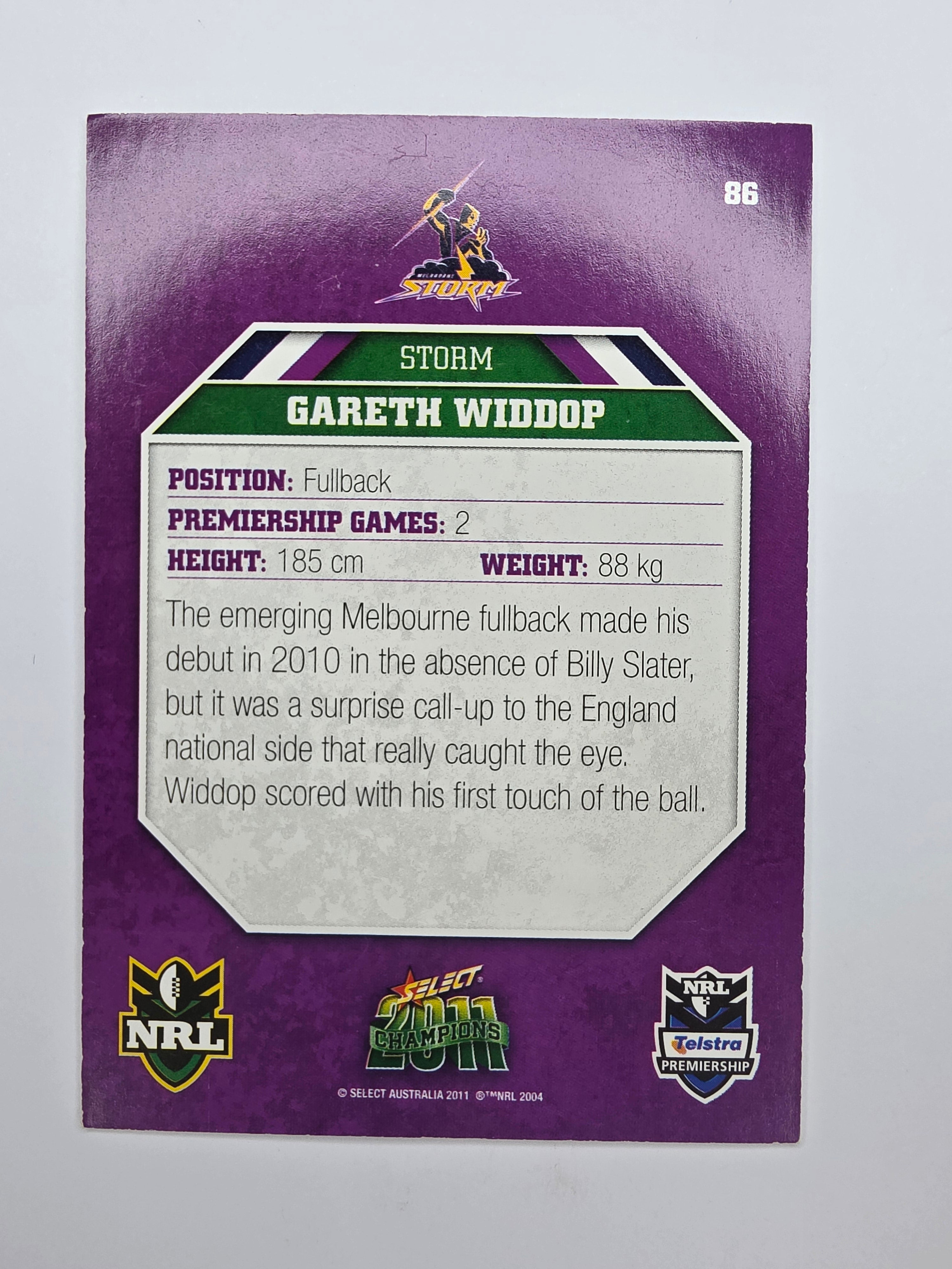 NRL 2011 Champions Base Card #86 Gareth Widdop Melbourne Storm
