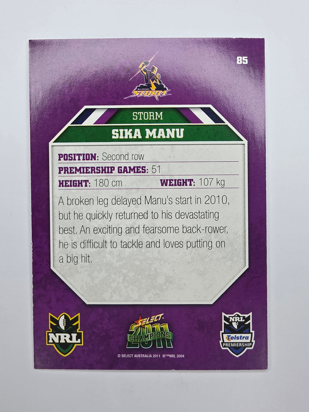 NRL 2011 Champions Base Card #85 Sika Manu Melbourne Storm