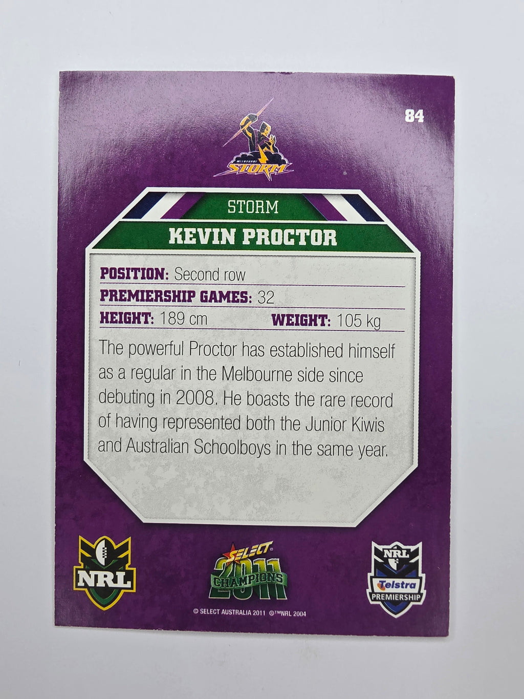 NRL 2011 Champions Base Card #84 Kevin Proctor Melbourne Storm