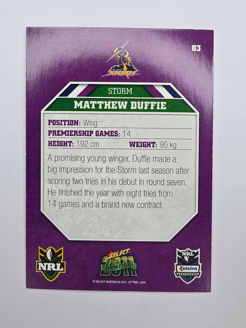 NRL 2011 Champions Base Card #83 Matthew Duffie Melbourne Storm