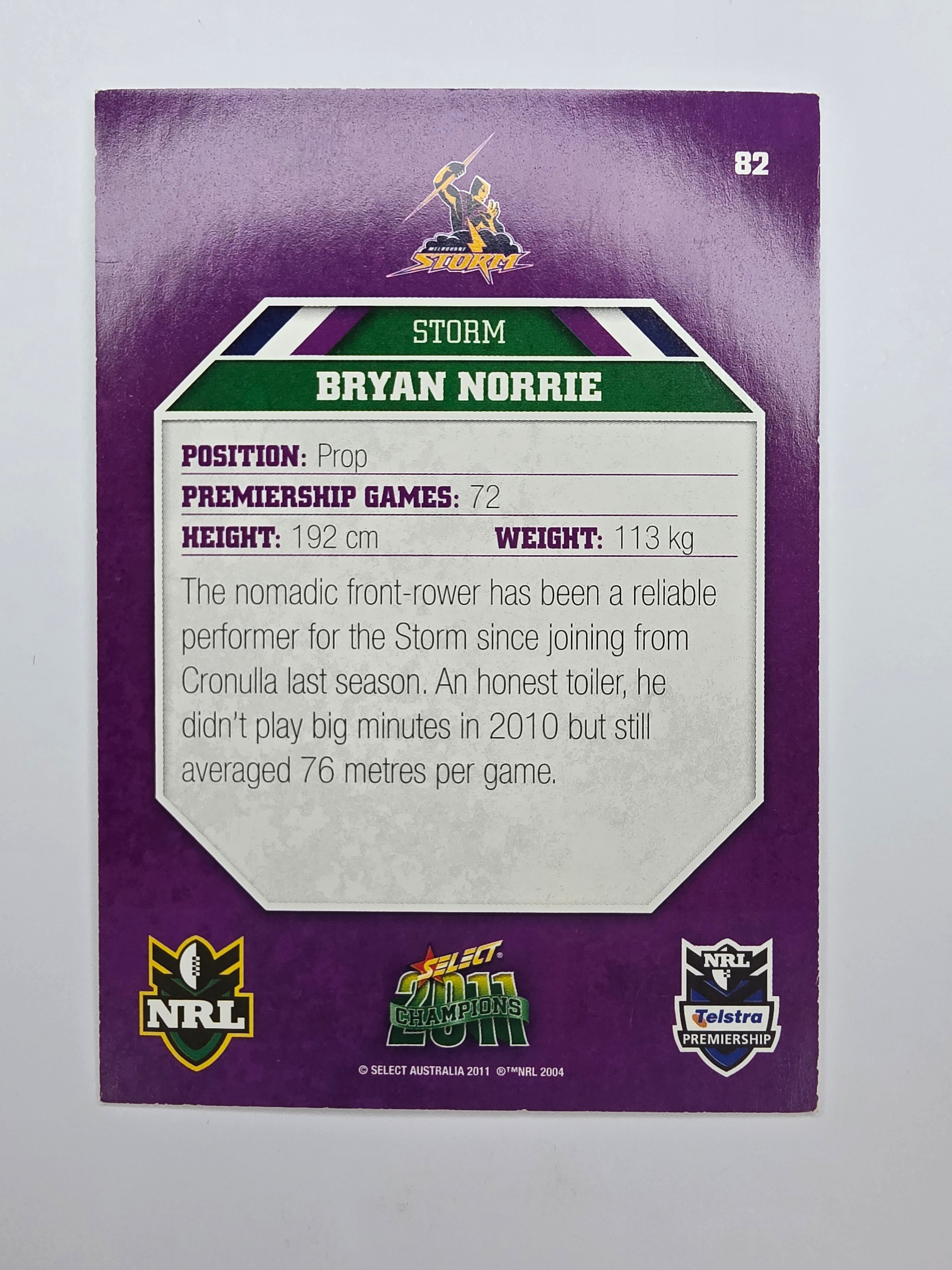 NRL 2011 Champions Base Card #82 Bryan Norrie Melbourne Storm