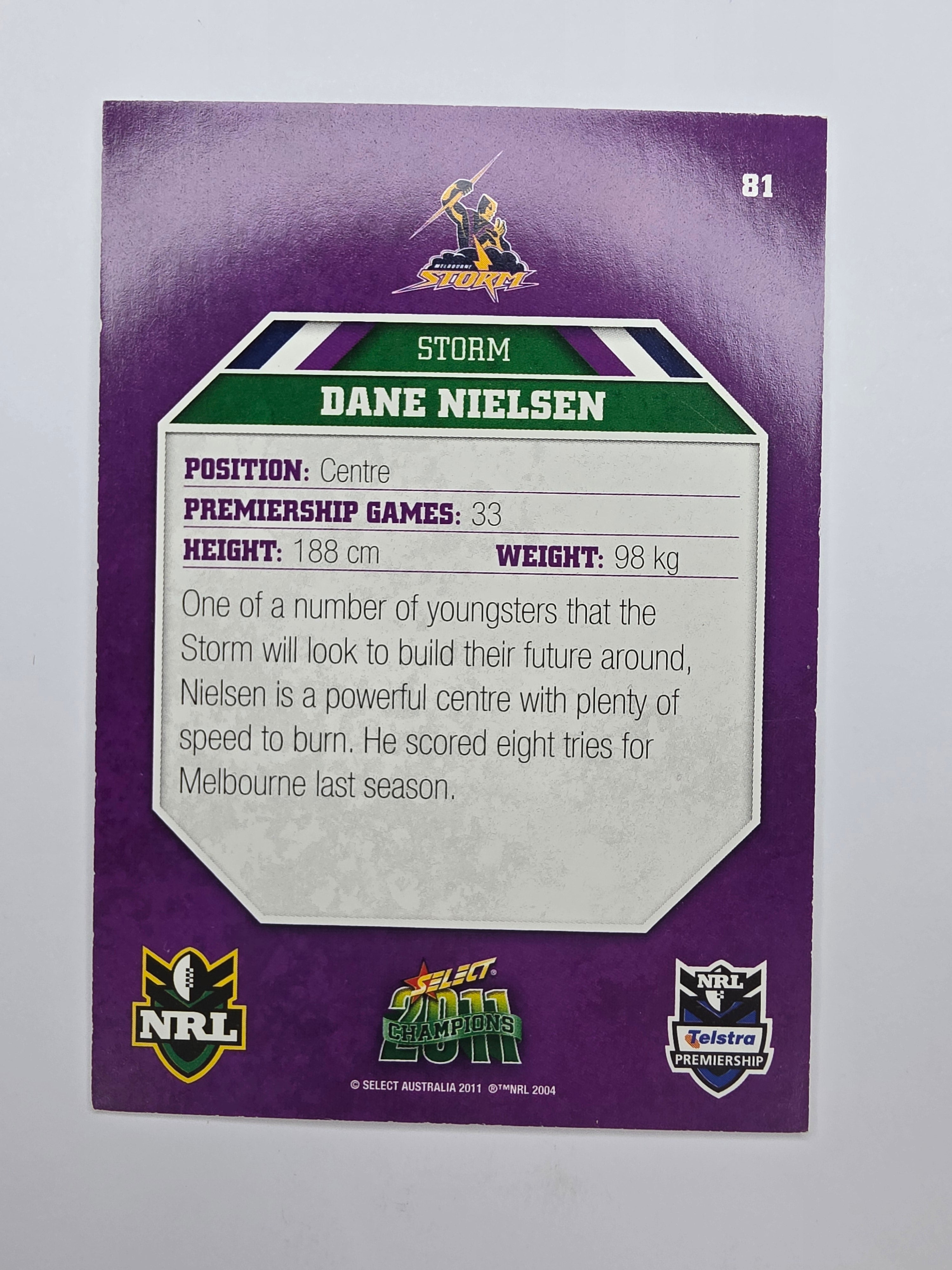 NRL 2011 Champions Base Card #81 Dane Nielsen Melbourne Storm
