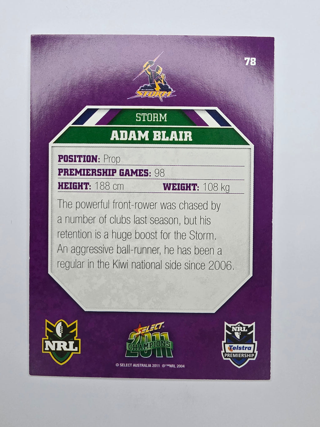 NRL 2011 Champions Base Card #78 Adam Blair Melbourne Storm