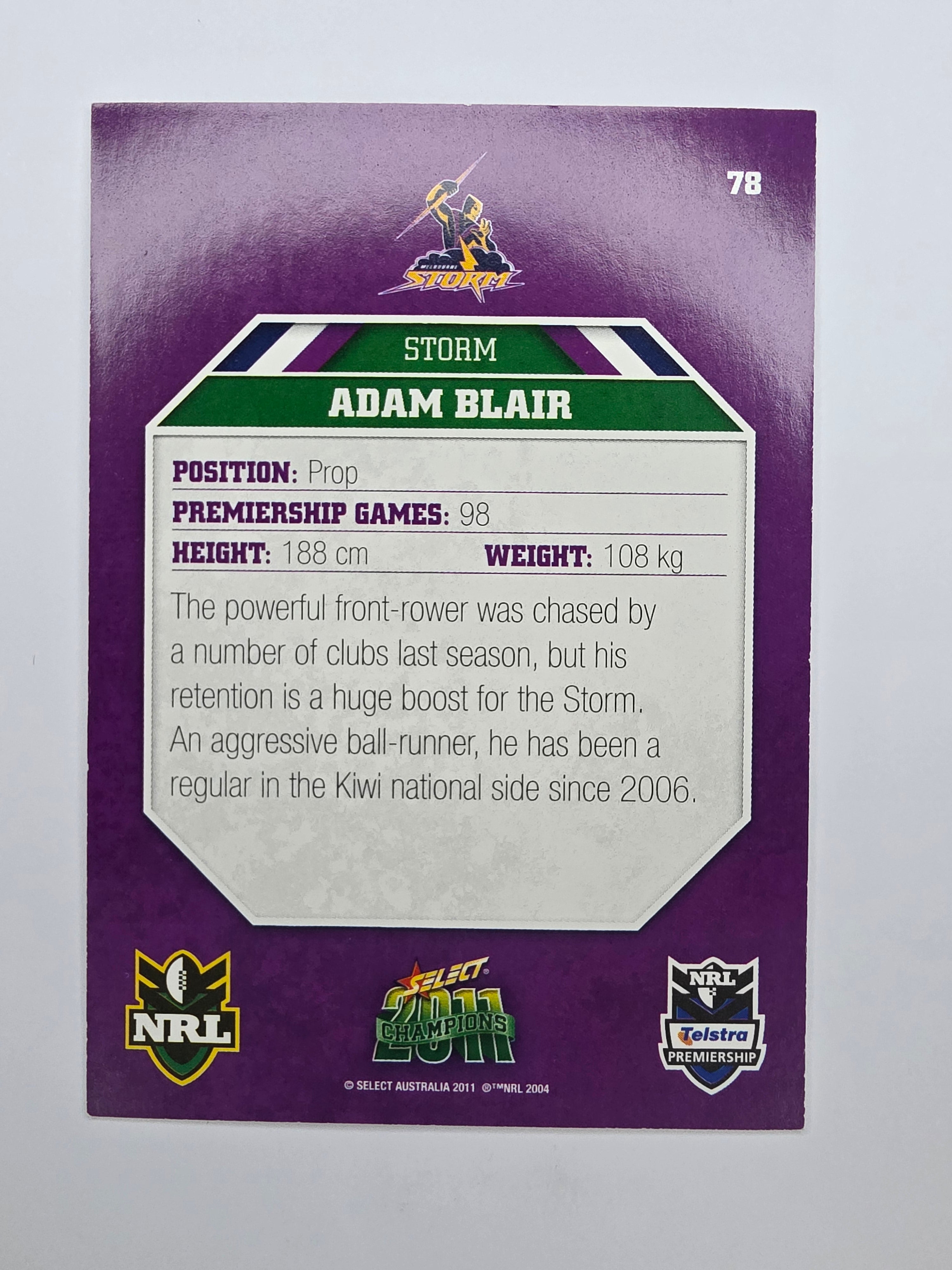 NRL 2011 Champions Base Card #78 Adam Blair Melbourne Storm