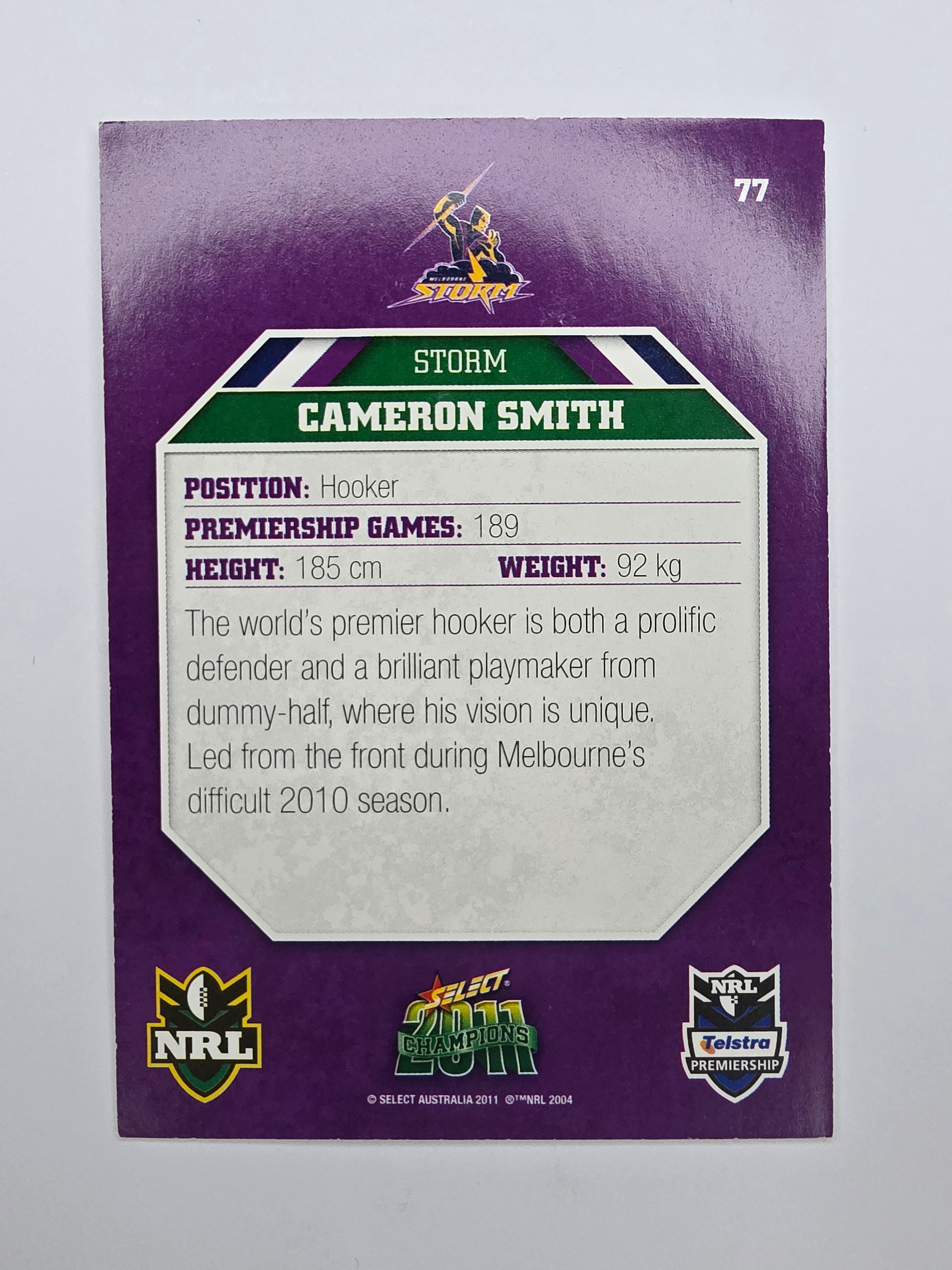 NRL 2011 Champions Base Card #77 Cameron Smith Melbourne Storm