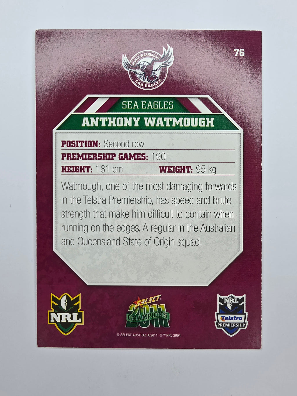 NRL 2011 Champions Base Card #76 Anthony Watmough Manly Warringah Sea Eagles