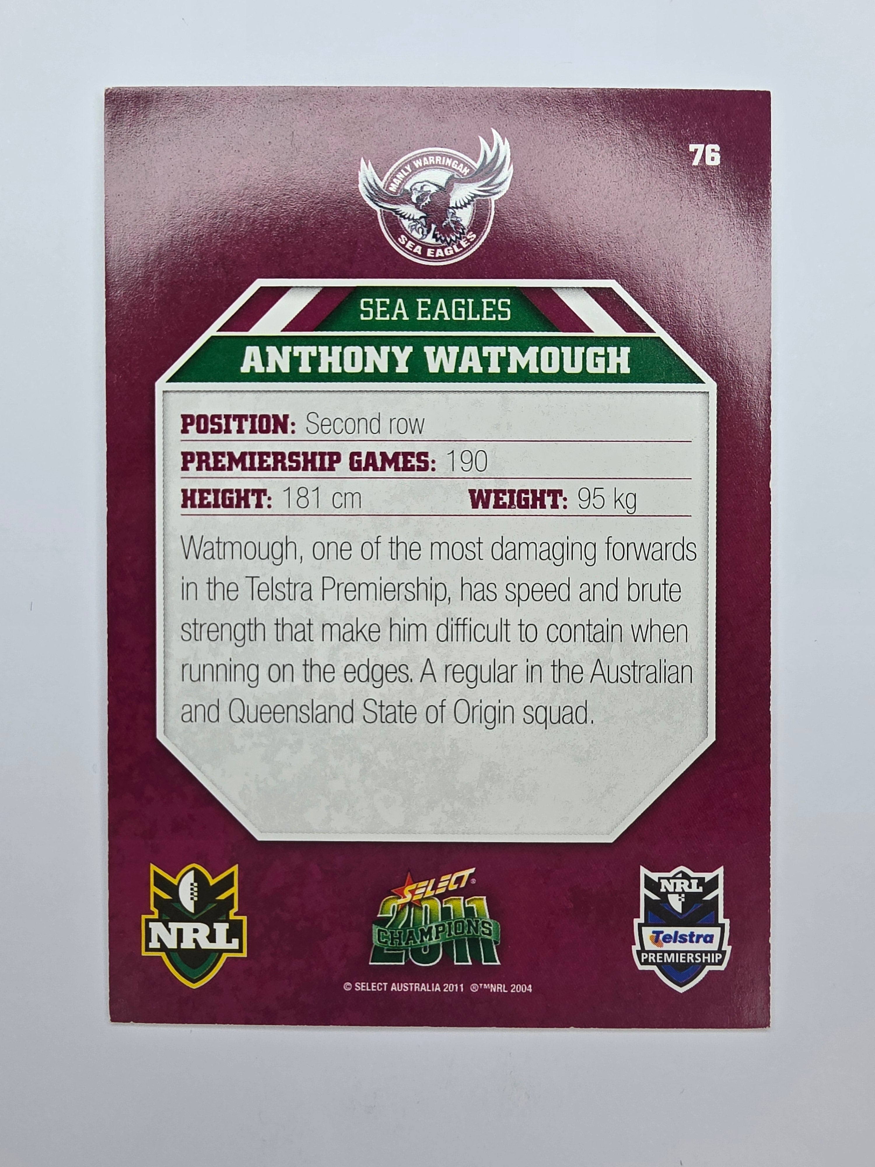 NRL 2011 Champions Base Card #76 Anthony Watmough Manly Warringah Sea Eagles
