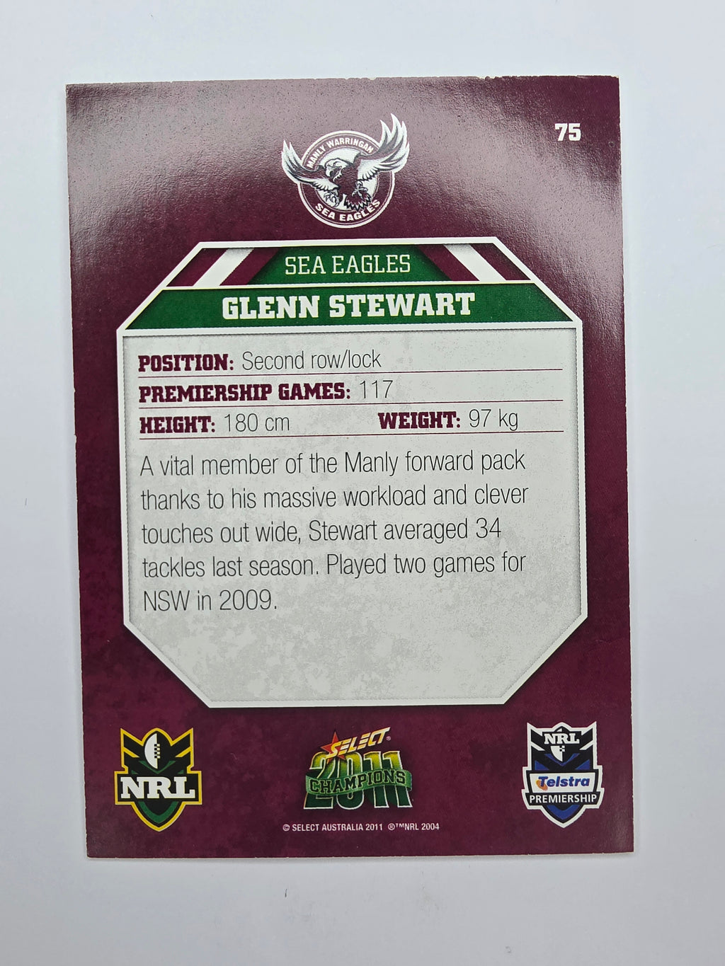 NRL 2011 Champions Base Card #75 Glenn Stewart Manly Warringah Sea Eagles