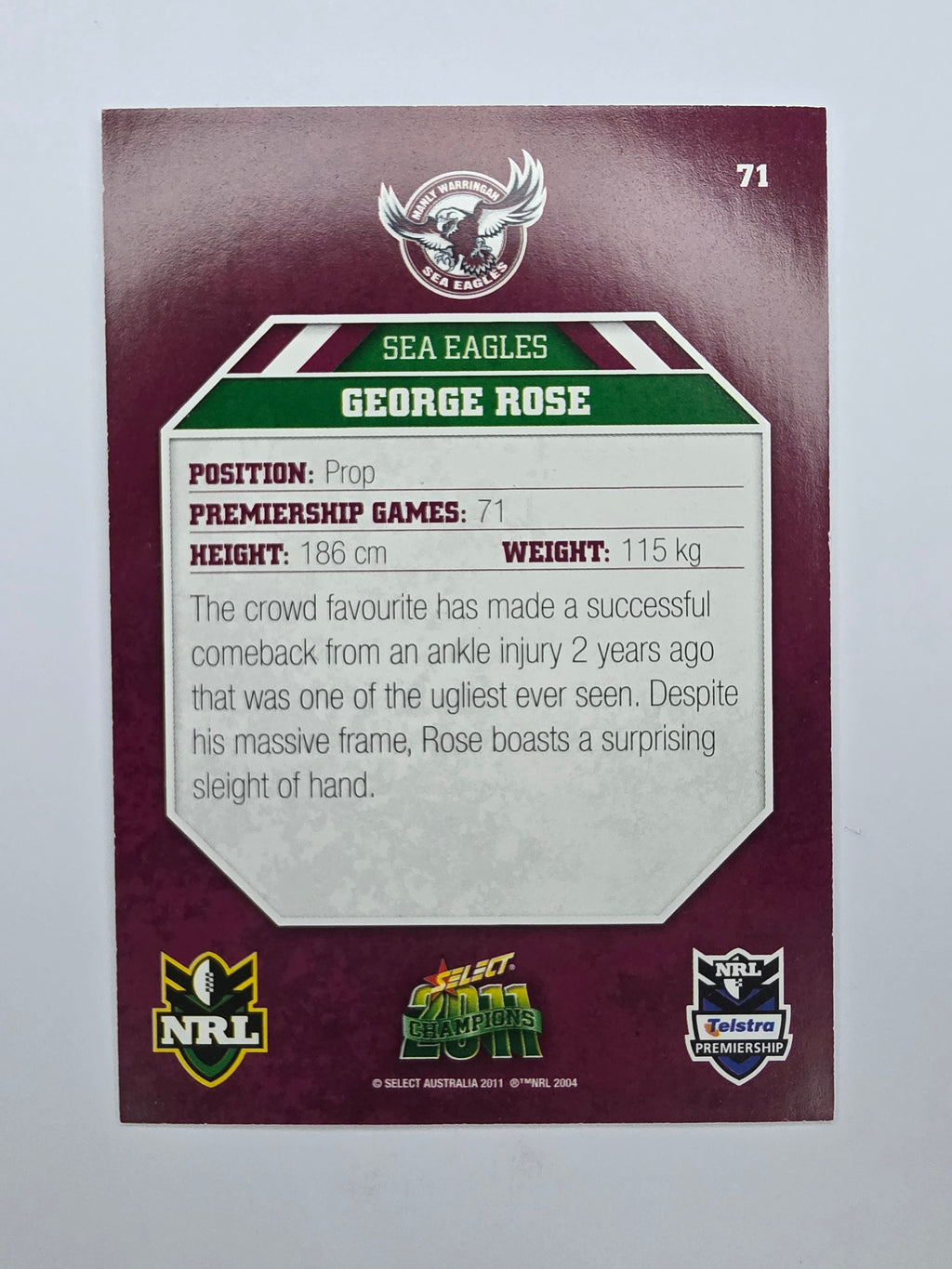 NRL 2011 Champions Base Card #71 George Rose Manly Warringah Sea Eagles