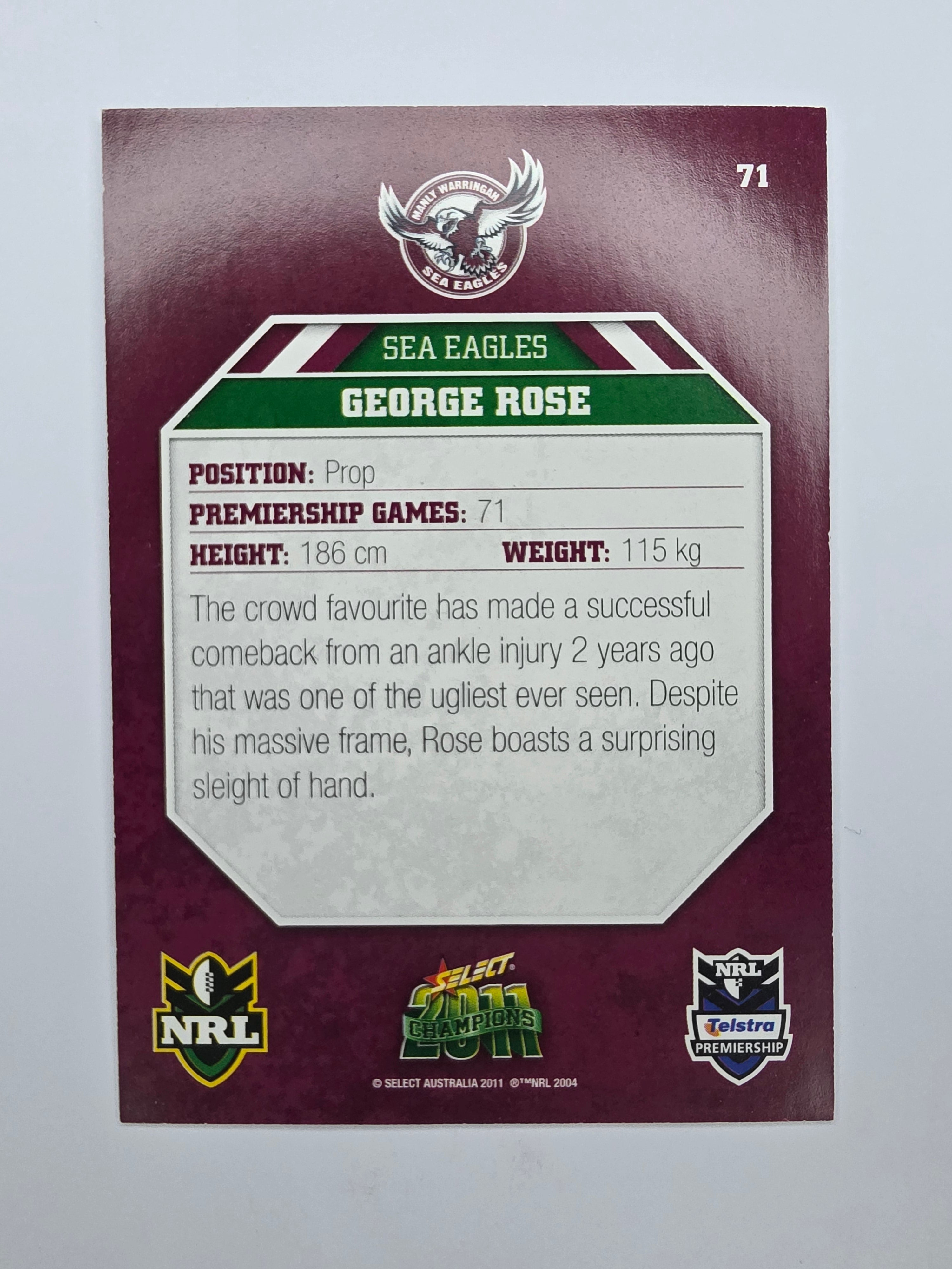 NRL 2011 Champions Base Card #71 George Rose Manly Warringah Sea Eagles