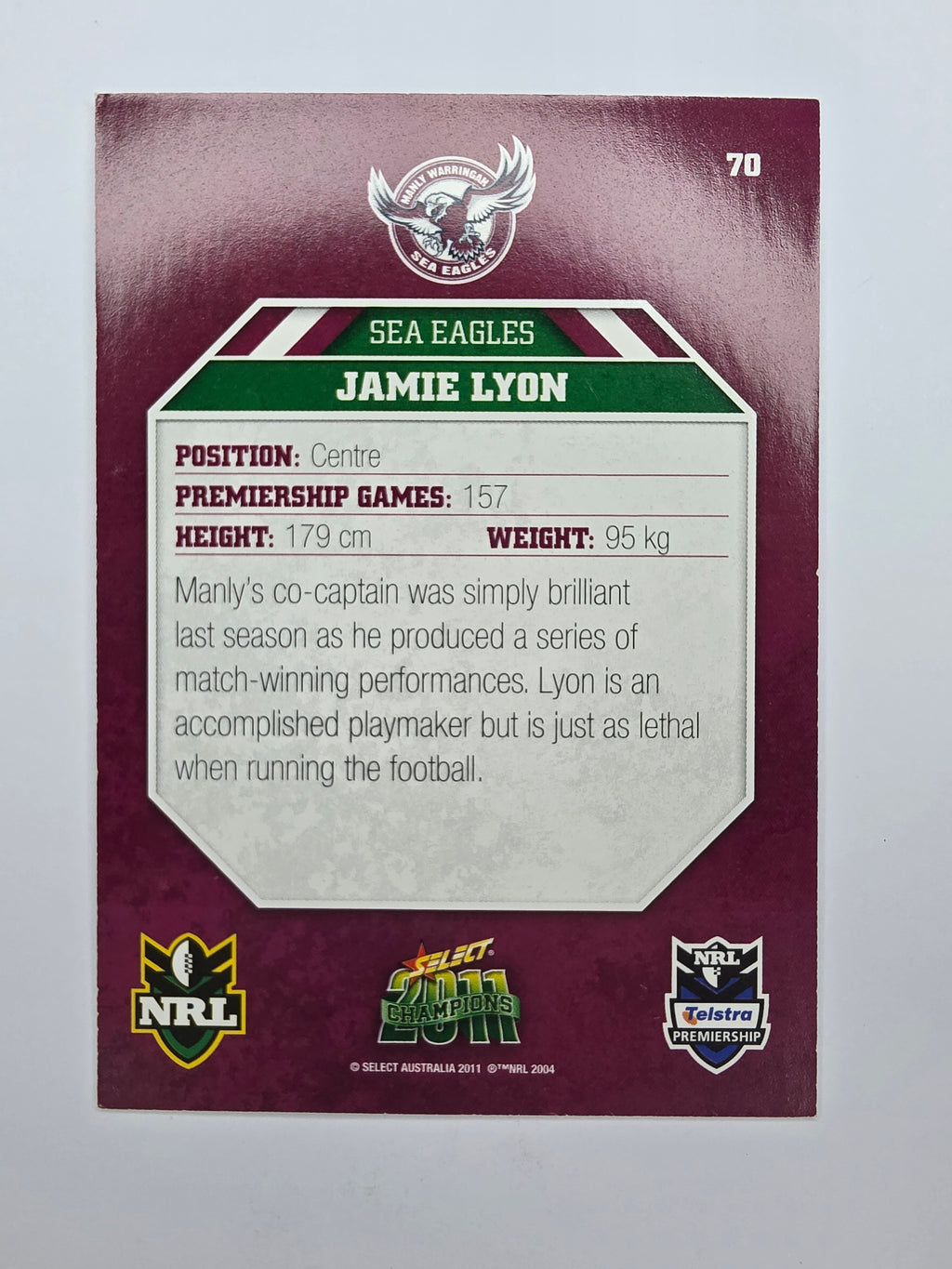 NRL 2011 Champions Base Card #70 Jamie Lyon Manly Warringah Sea Eagles