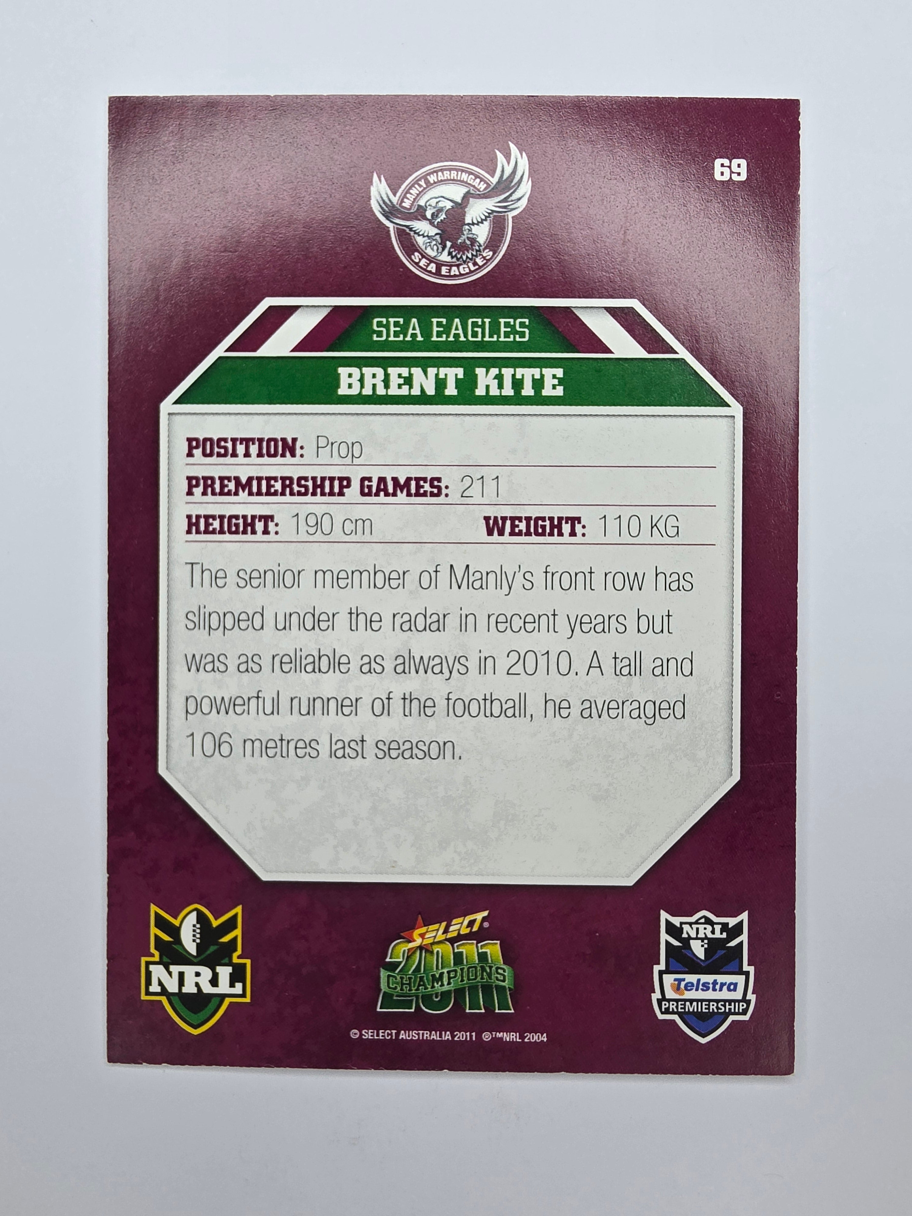 NRL 2011 Champions Base Card #69 Brent Kite Manly Warringah Sea Eagles