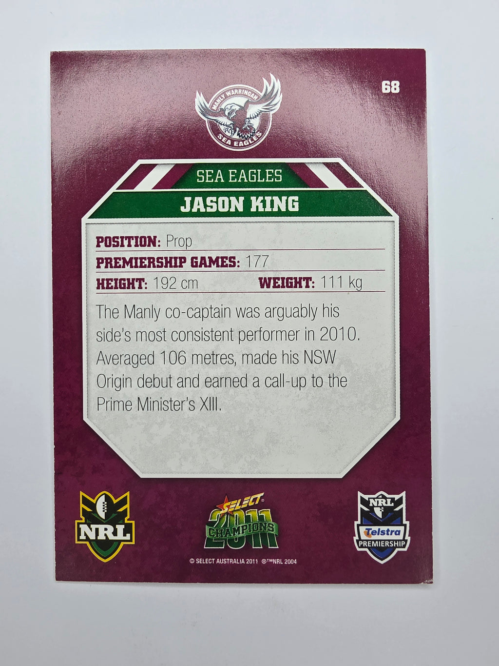 NRL 2011 Champions Base Card #68 Jason King Manly Warringah Sea Eagles