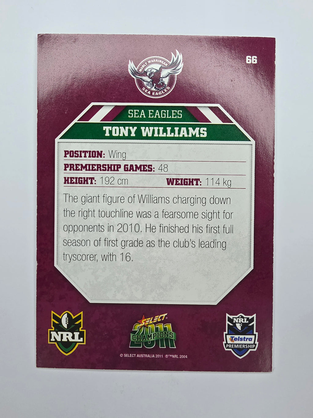 NRL 2011 Champions Base Card #66 Tony Williams Manly Warringah Sea Eagles
