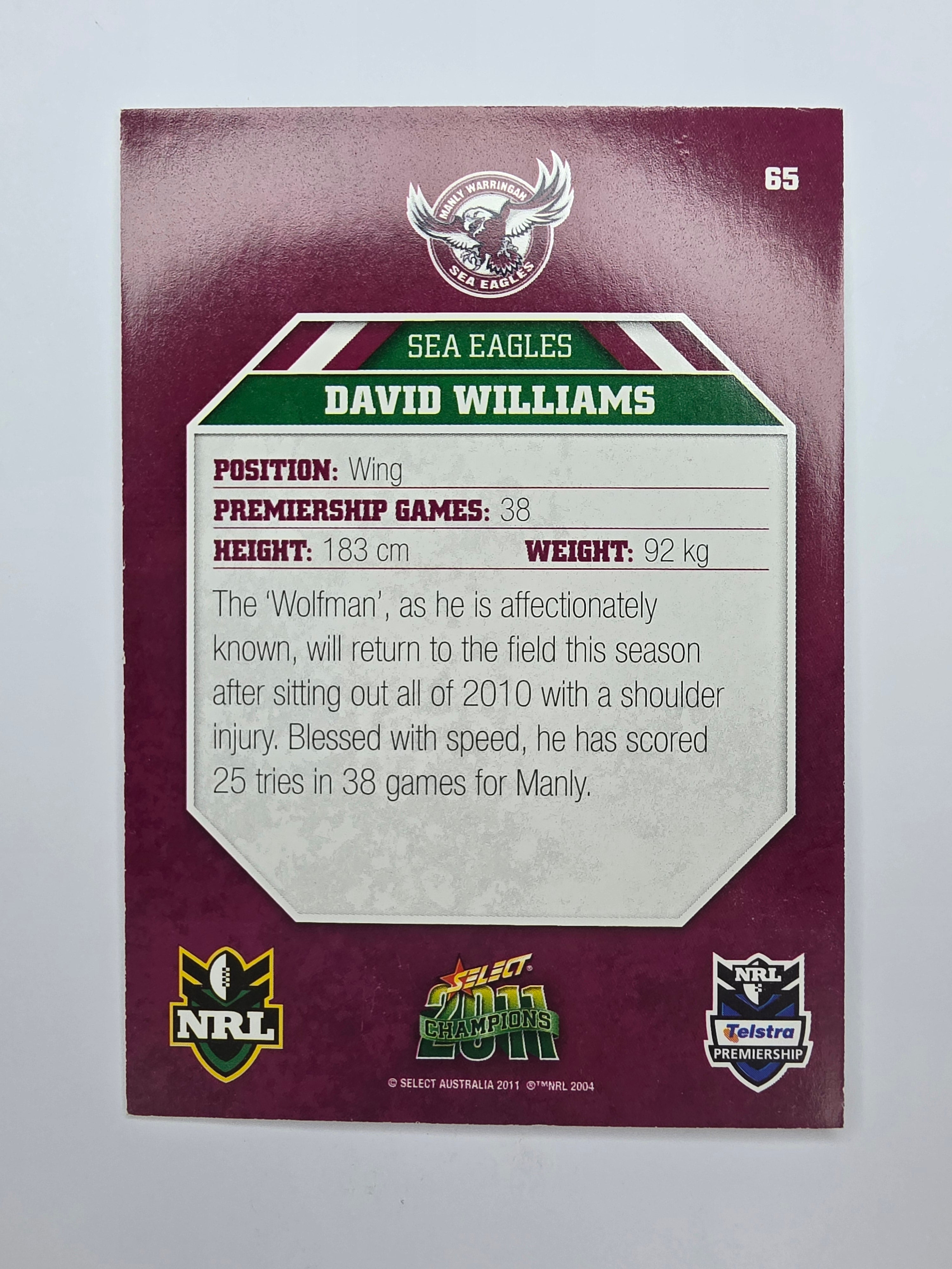 NRL 2011 Champions Base Card #65 David Williams Manly Warringah Sea Eagles
