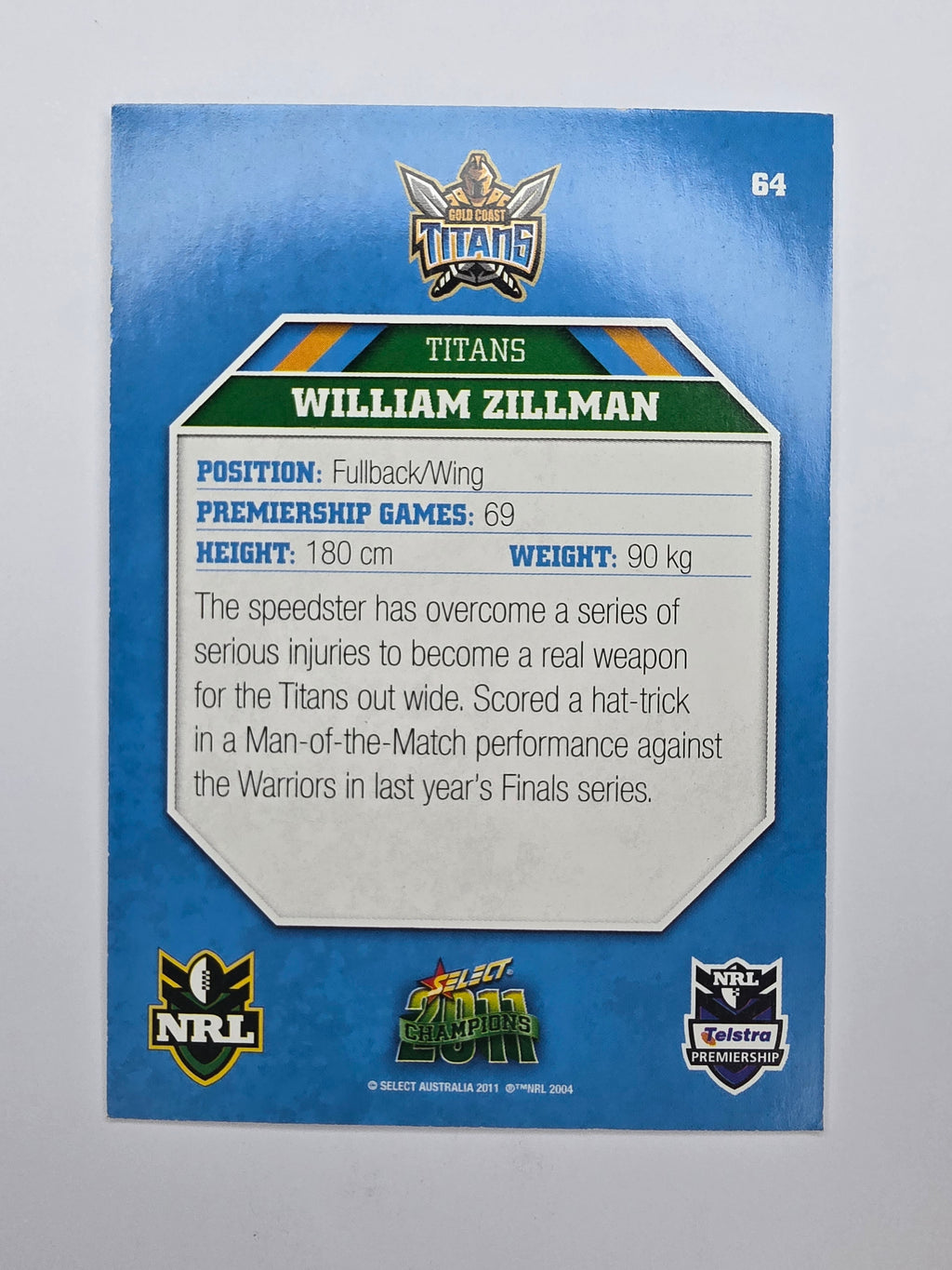 NRL 2011 Champions Base Card #64 William Zillman Gold Coast Titans