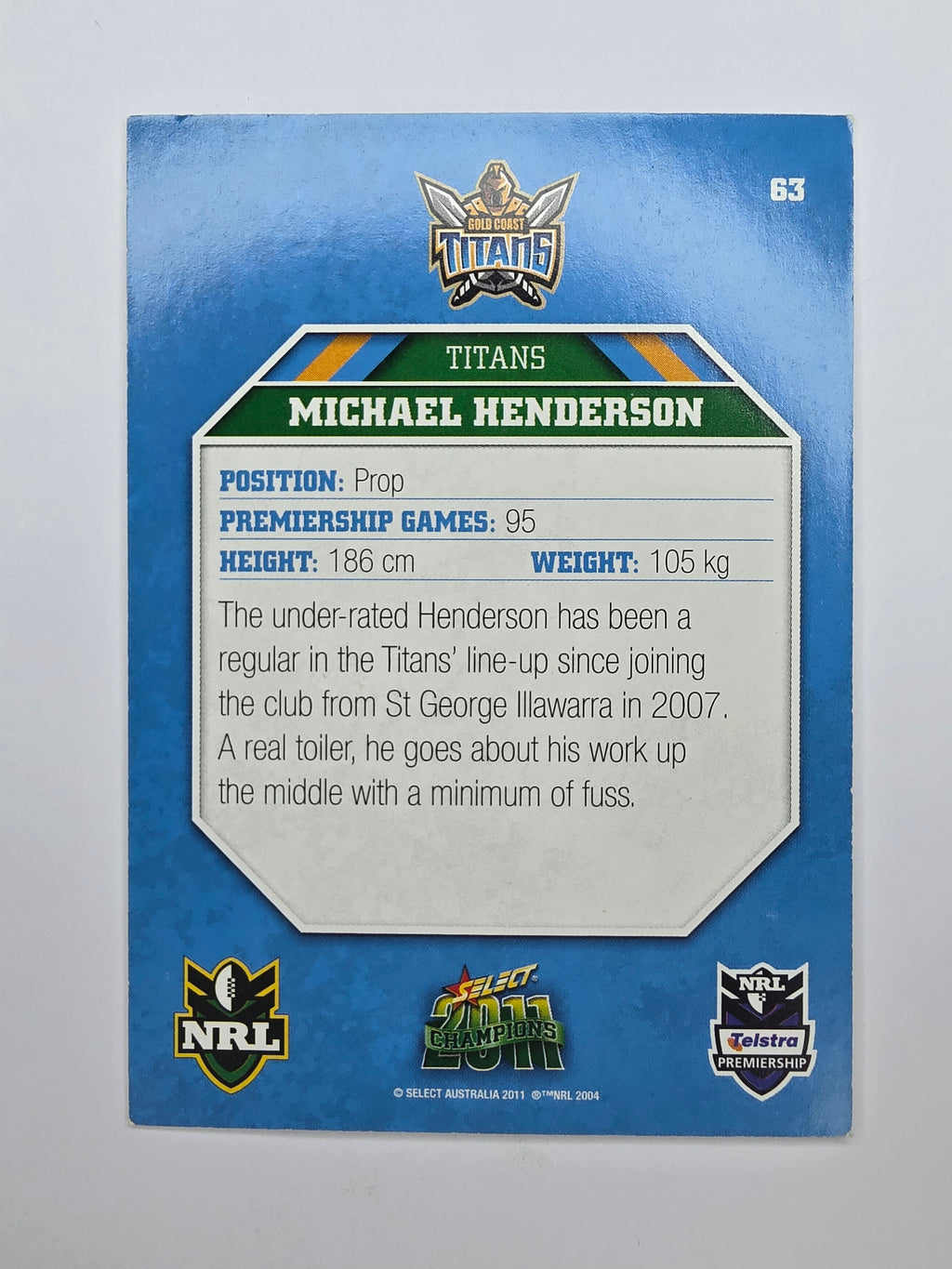 NRL 2011 Champions Base Card #63 Michael Henderson Gold Coast Titans