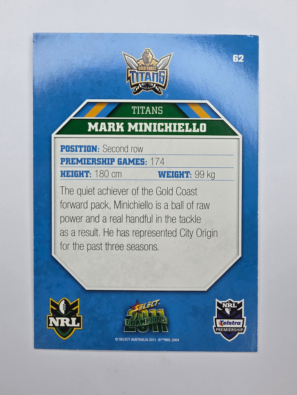 NRL 2011 Champions Base Card #62 Mark Minichiello Gold Coast Titans