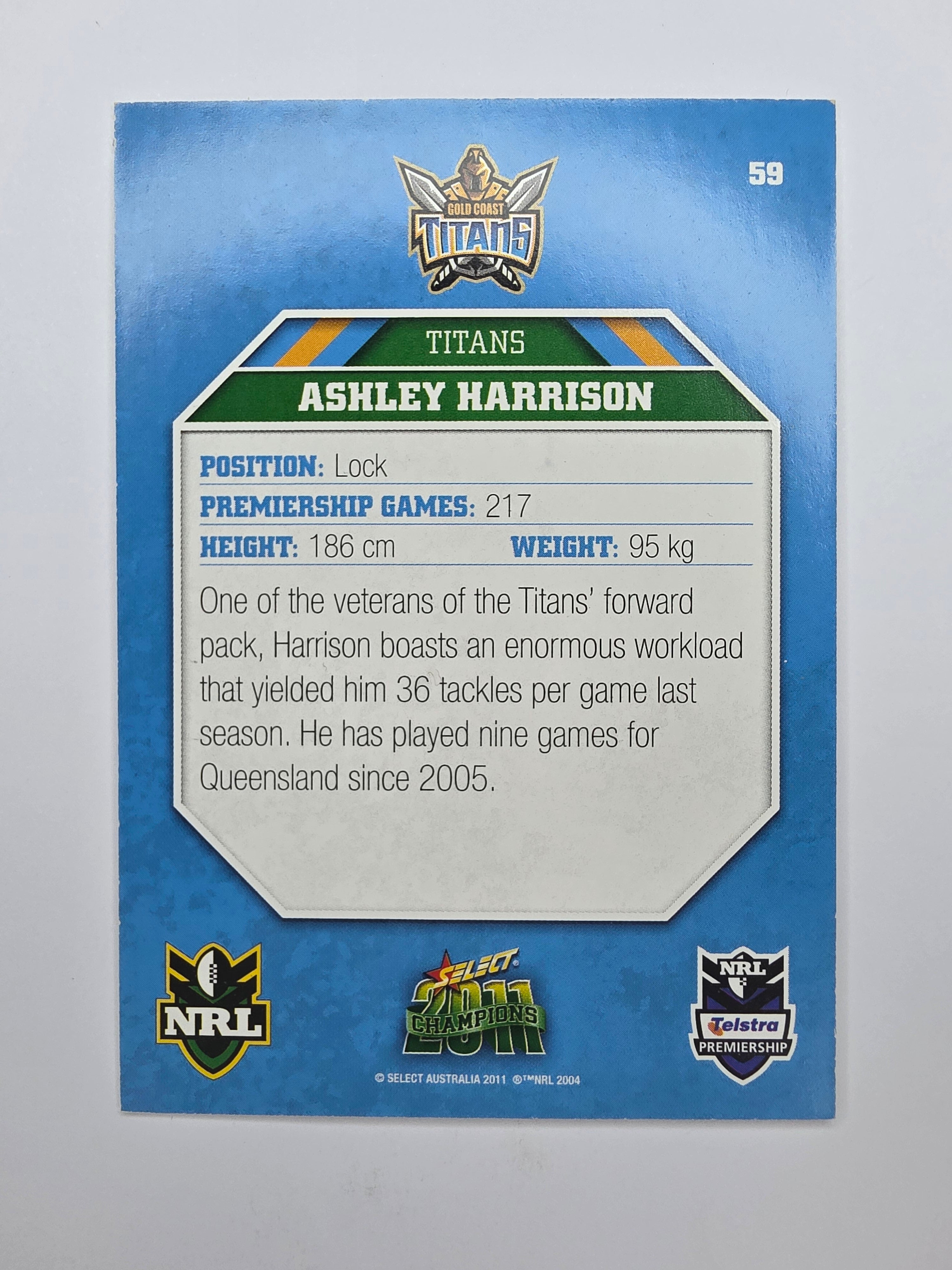 NRL 2011 Champions Base Card #59 Ashley Harrison Gold Coast Titans