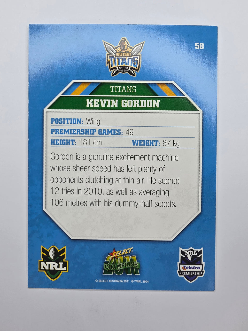 NRL 2011 Champions Base Card #58 Kevin Gordon Gold Coast Titans