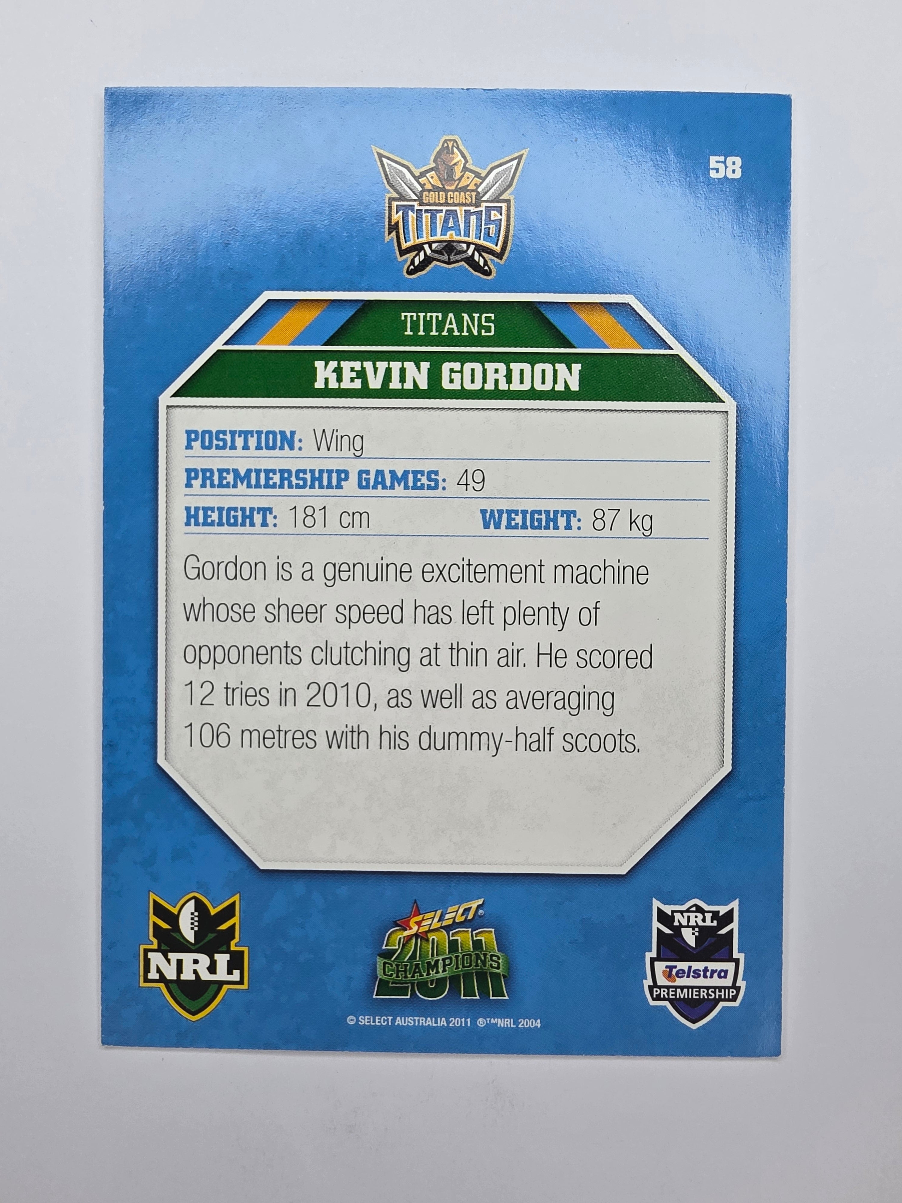 NRL 2011 Champions Base Card #58 Kevin Gordon Gold Coast Titans