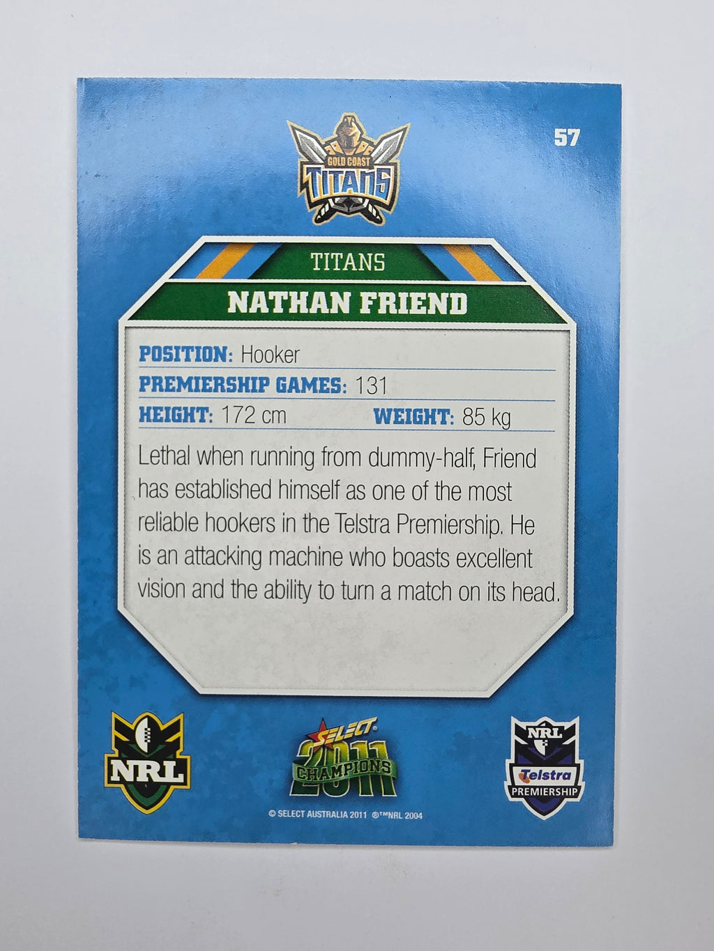 NRL 2011 Champions Base Card #57 Nathan Friend Gold Coast Titans