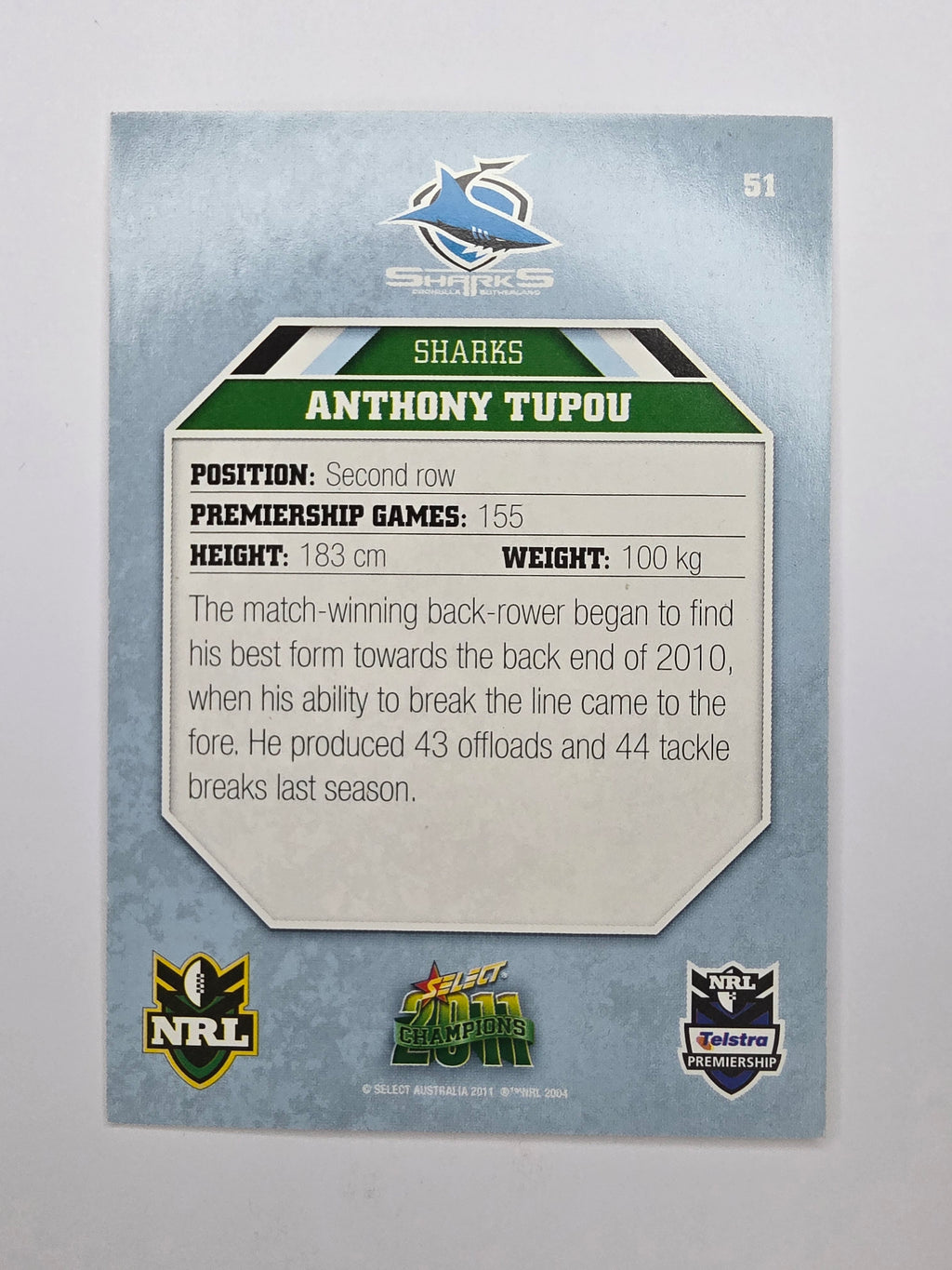 NRL 2011 Champions Base Card #51 Anthony Tupou Cronulla Sutherland Sharks