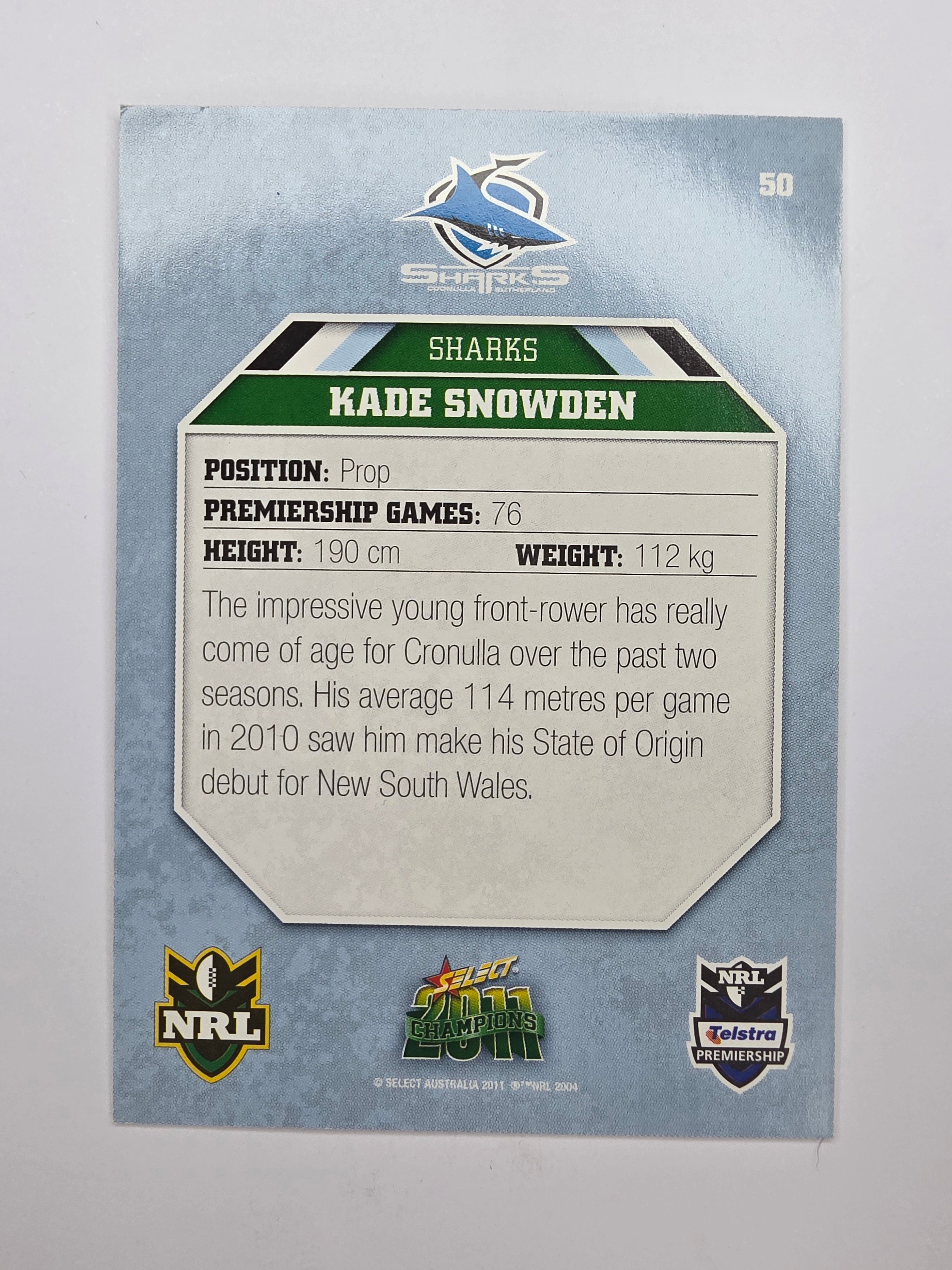 NRL 2011 Champions Base Card #50 Kade Snowden Cronulla Sutherland Sharks