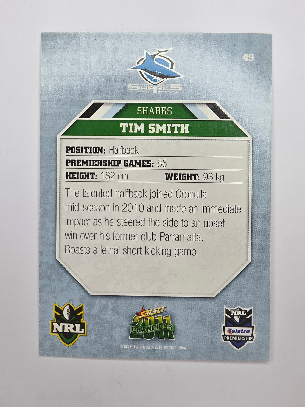 NRL 2011 Champions Base Card #49 Tim Smith Cronulla Sutherland Sharks