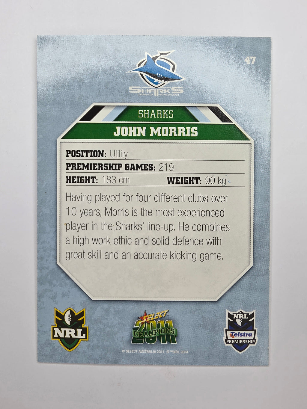 NRL 2011 Champions Base Card #47 John Morris Cronulla Sutherland Sharks