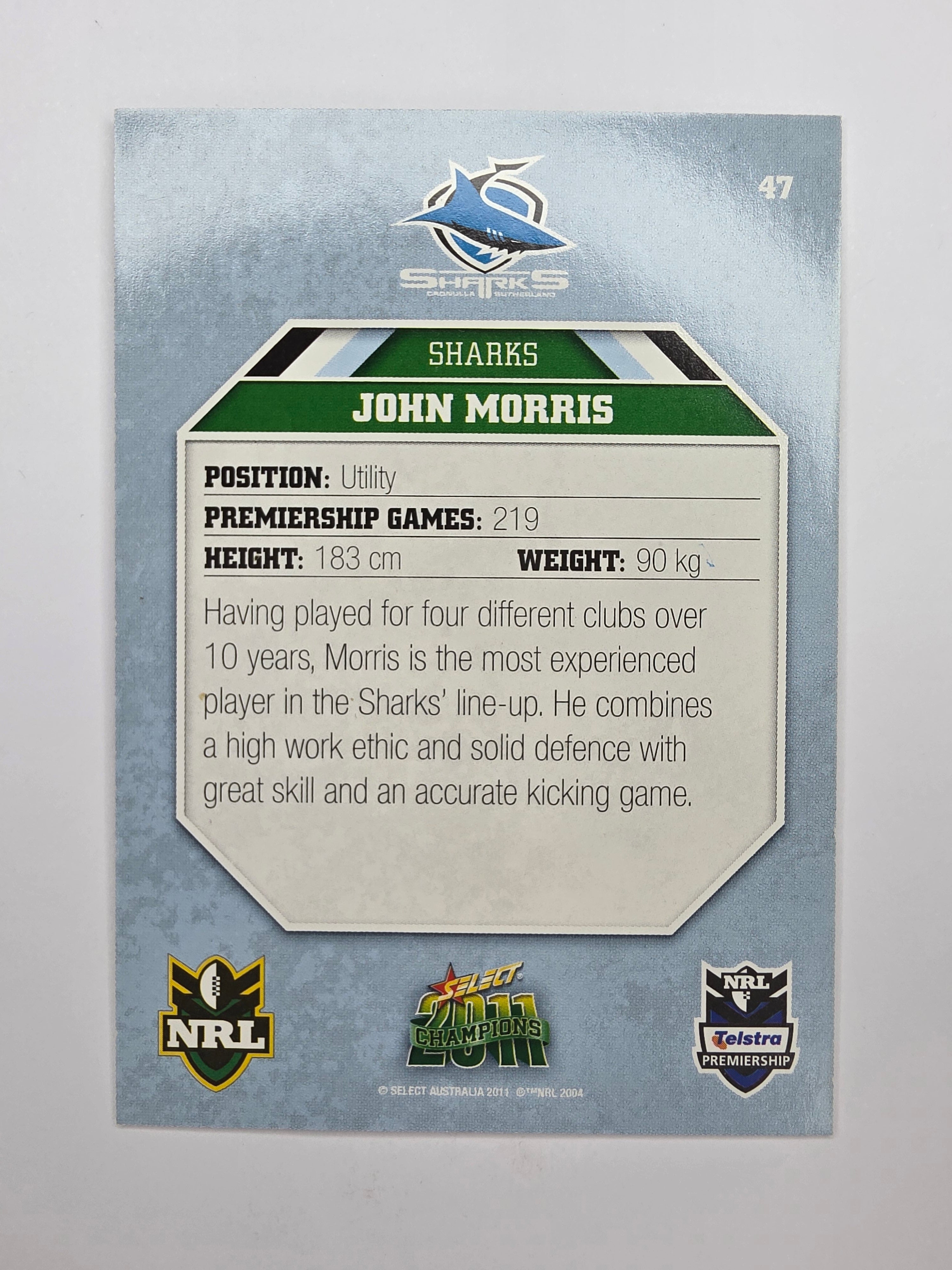 NRL 2011 Champions Base Card #47 John Morris Cronulla Sutherland Sharks