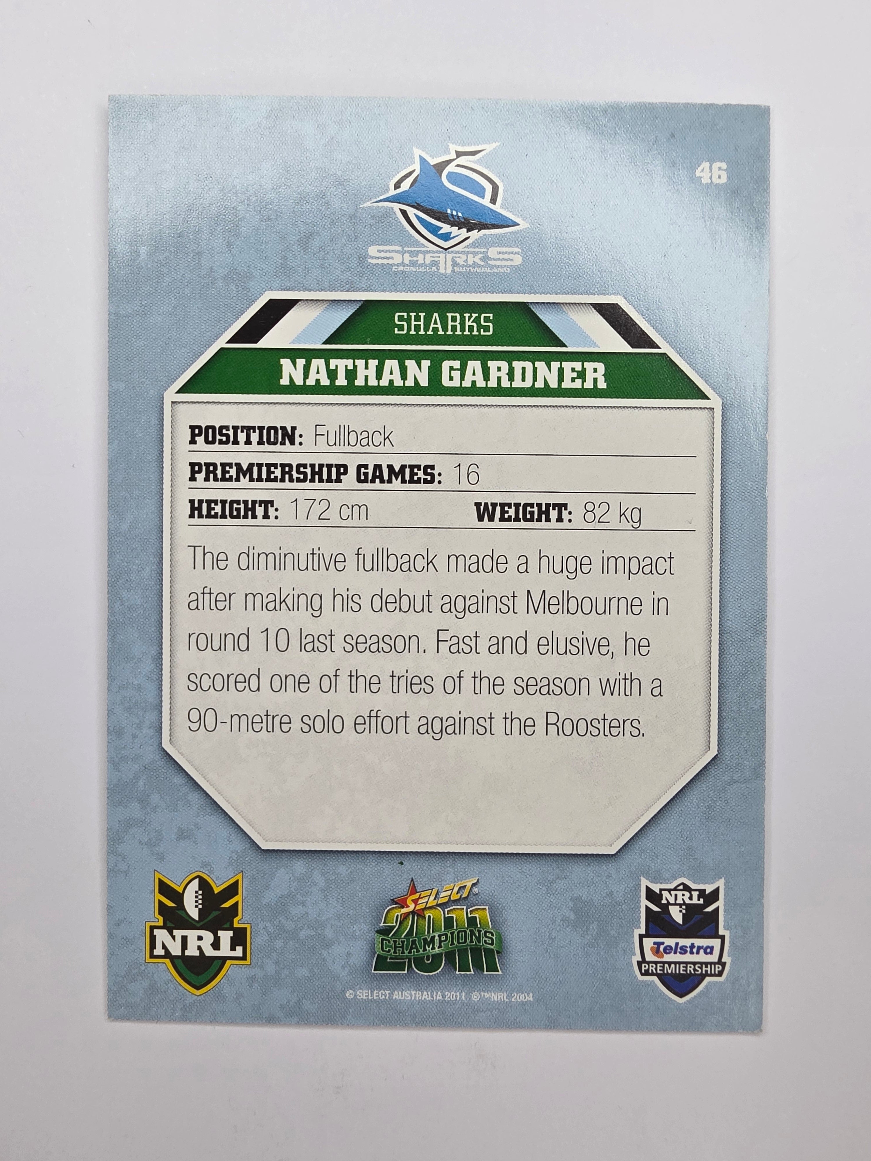 NRL 2011 Champions Base Card #46 Nathan Gardner Cronulla Sutherland Sharks