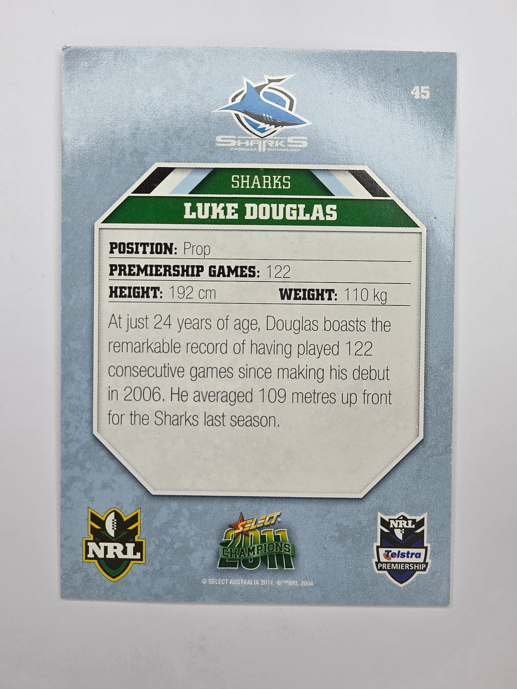 NRL 2011 Champions Base Card #45 Luke Douglas Cronulla Sutherland Sharks