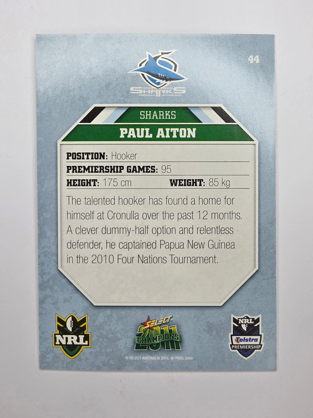 NRL 2011 Champions Base Card #44 Paul Aiton Cronulla Sutherland Sharks