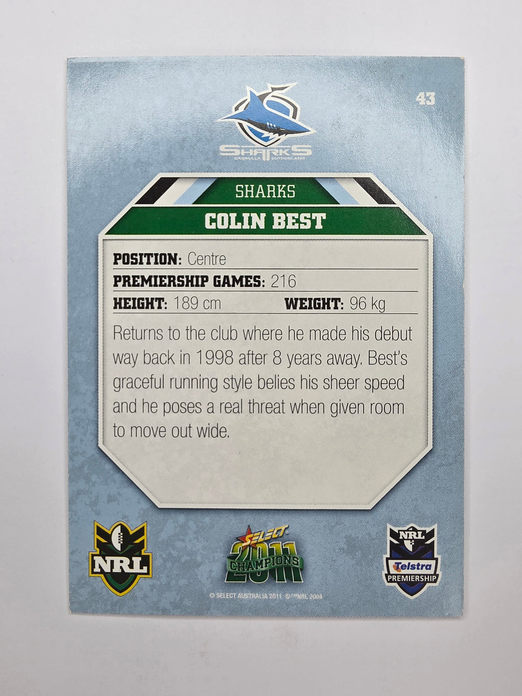 NRL 2011 Champions Base Card #43 Colin Best Cronulla Sutherland Sharks